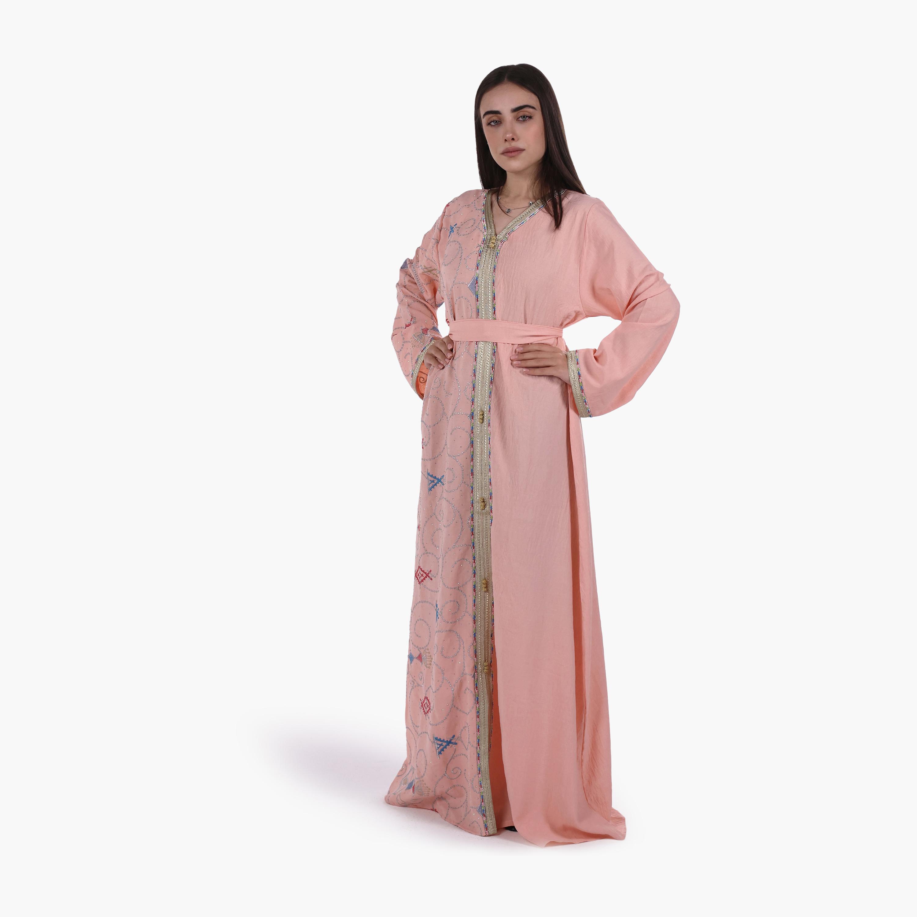 AL BENT AL SHARQIEH Embroidered Linen Women's Jalabiya with Belt-women-arabicclothing-jalabiyas-image-1