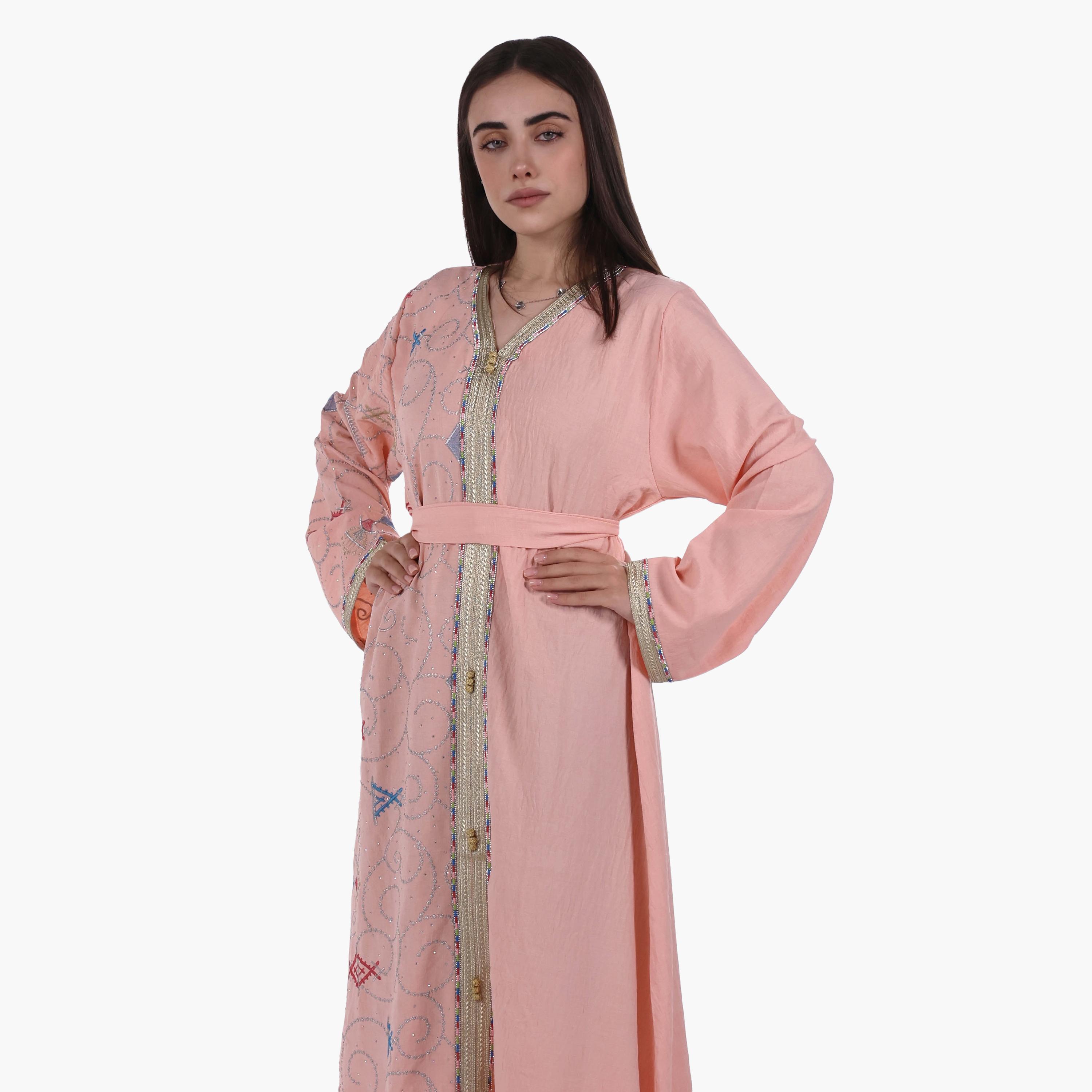 AL BENT AL SHARQIEH Embroidered Linen Women's Jalabiya with Belt-women-arabicclothing-jalabiyas-image-3