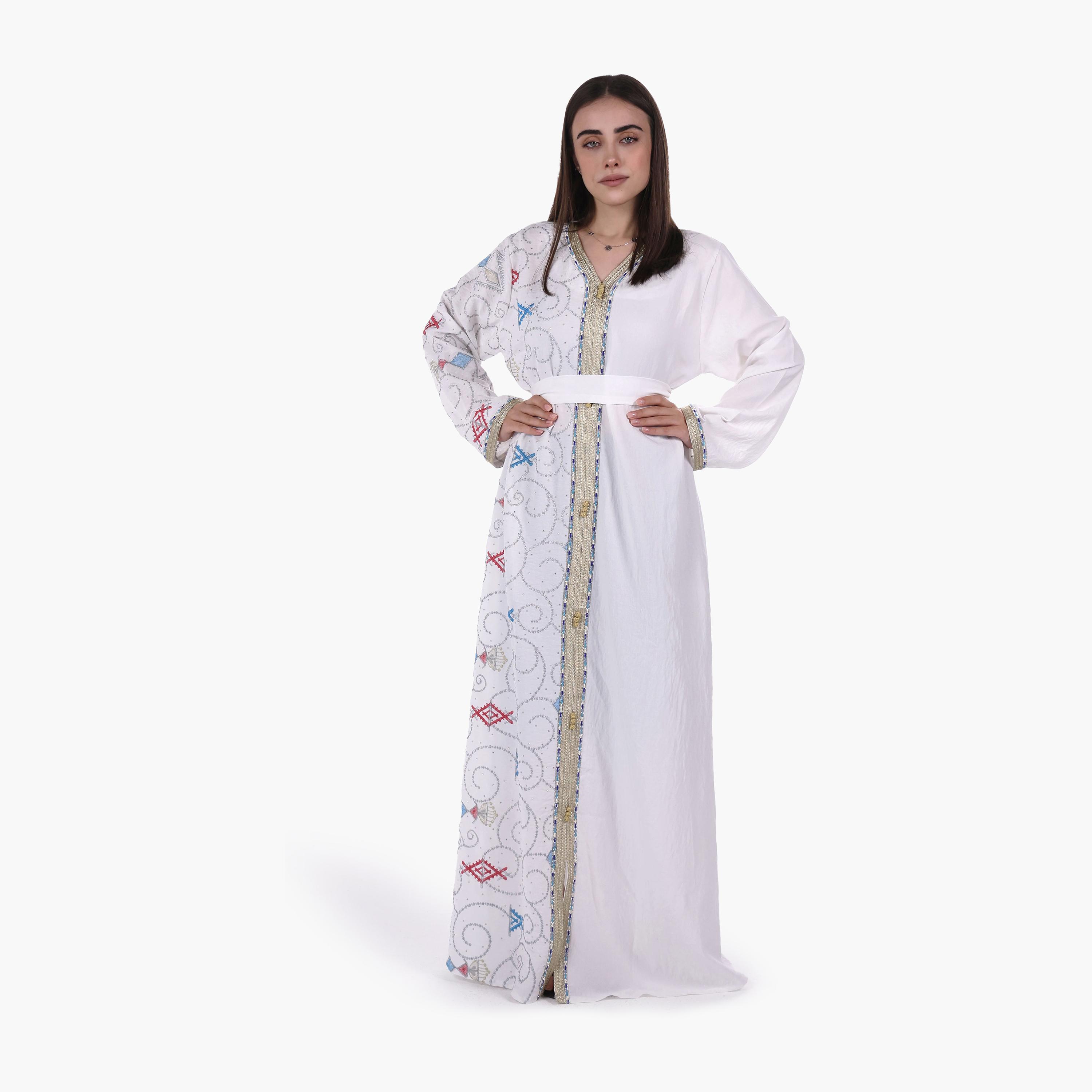 AL BENT AL SHARQIEH Embroidered Linen Women's Jalabiya with Belt-women-arabicclothing-jalabiyas-image-1