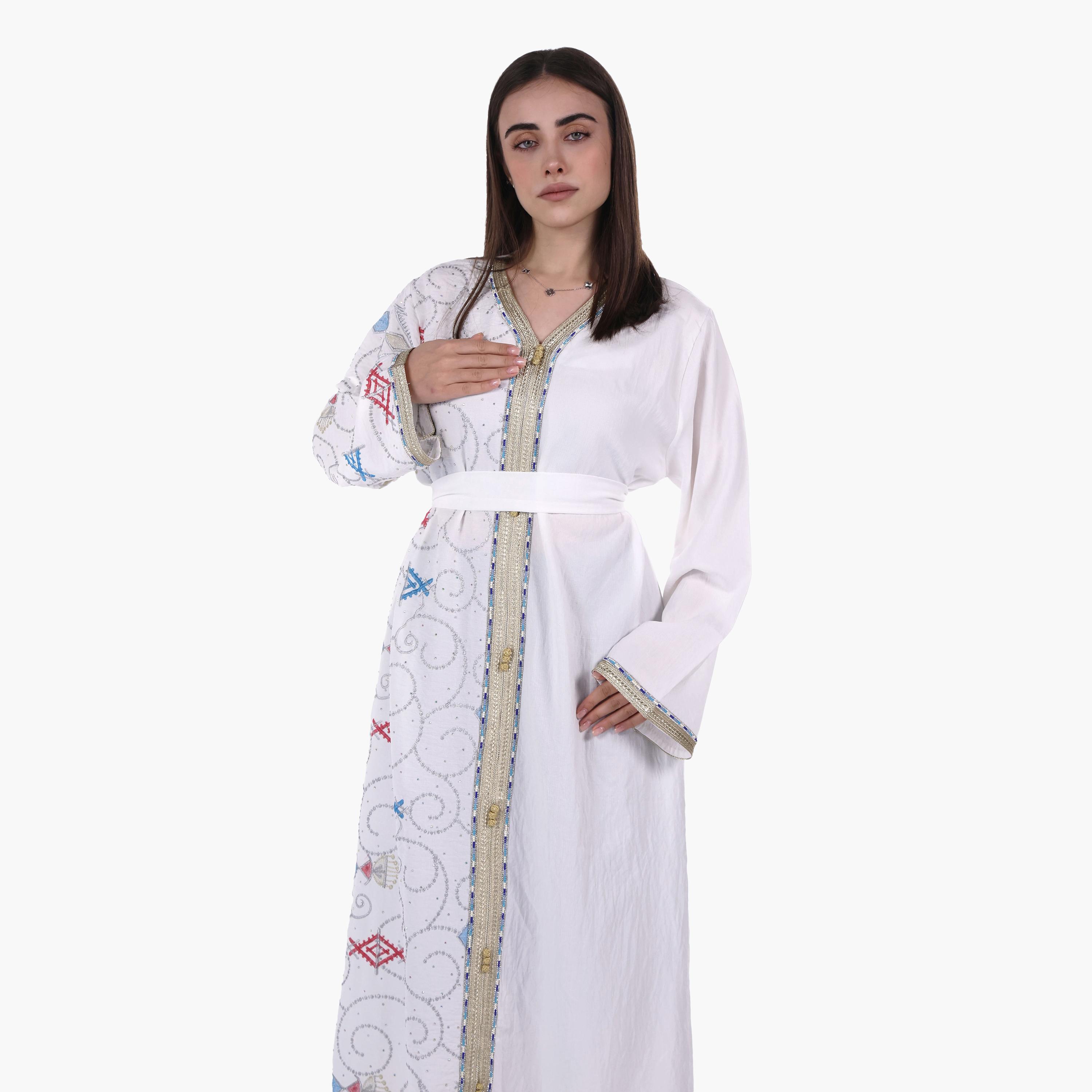 AL BENT AL SHARQIEH Embroidered Linen Women's Jalabiya with Belt-women-arabicclothing-jalabiyas-image-3