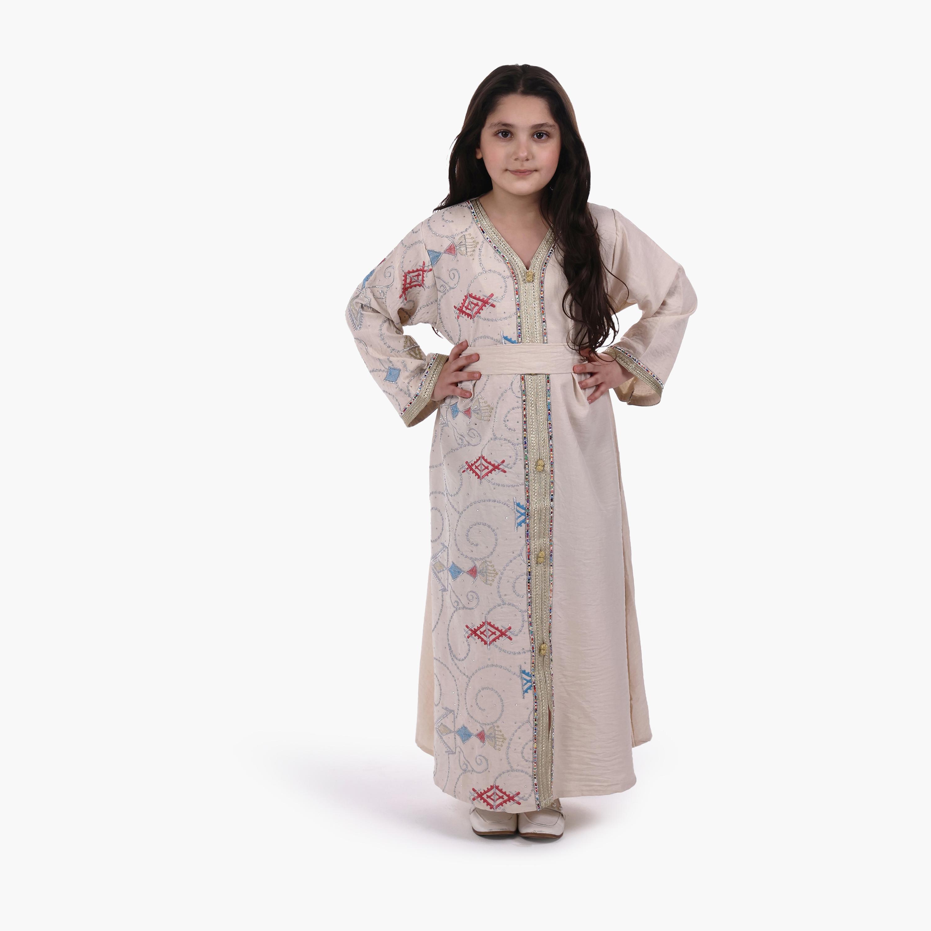 AL BENT AL SHARQIEH Embroidered Linen Girls Jalabiya with Belt-girls-arabicclothing-jalabiyas-image-1
