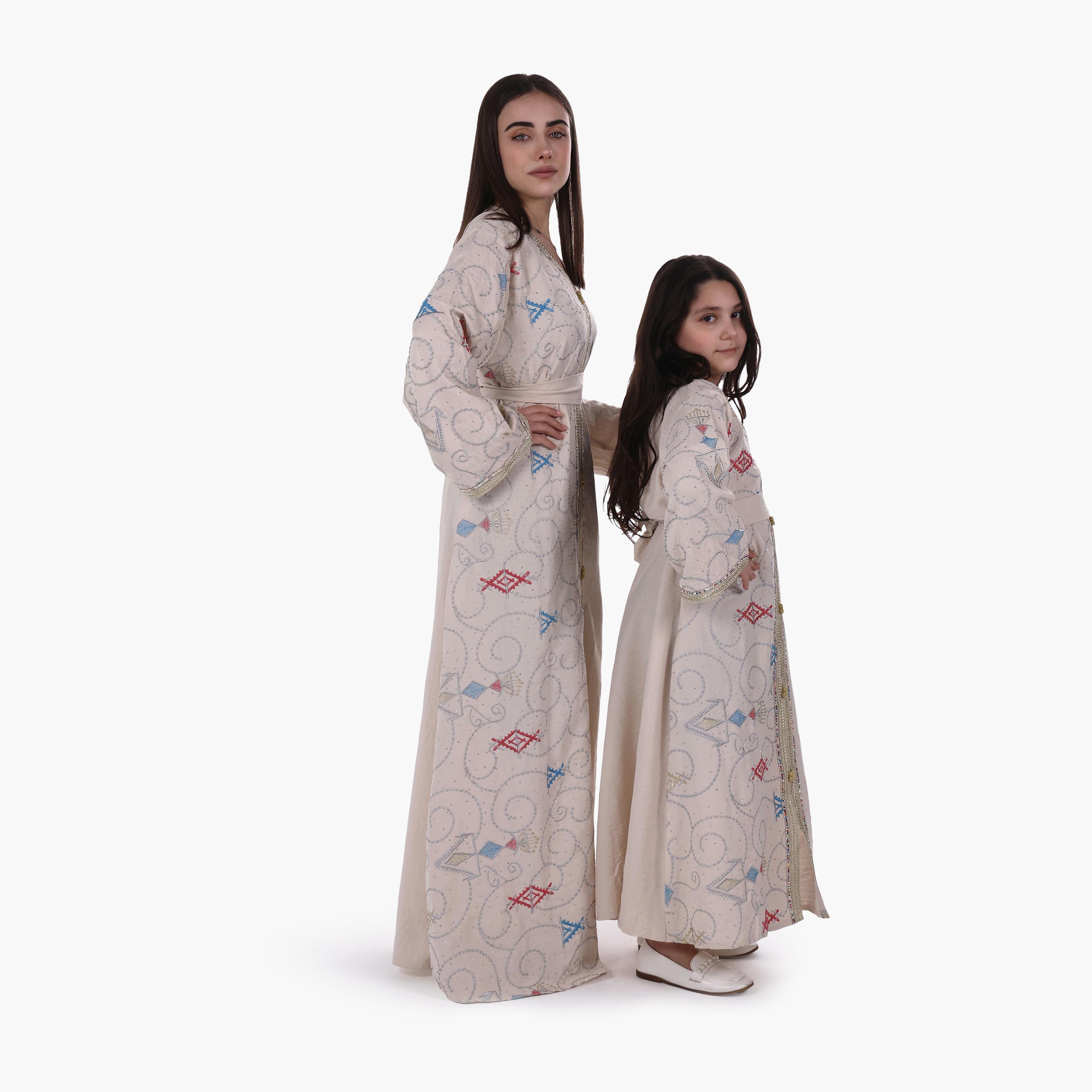 AL BENT AL SHARQIEH Embroidered Linen Girls Jalabiya with Belt-girls-arabicclothing-jalabiyas-image-2