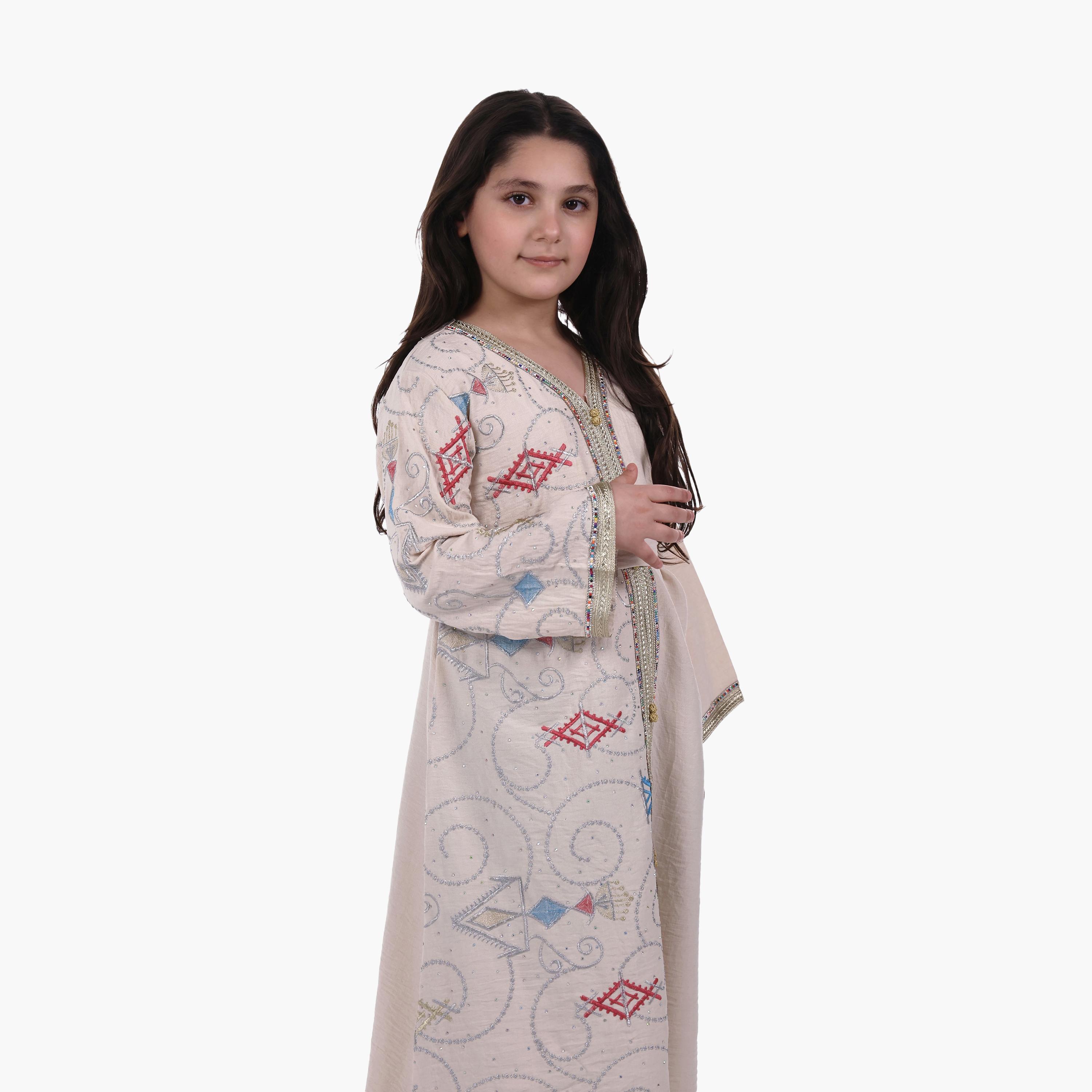 AL BENT AL SHARQIEH Embroidered Linen Girls Jalabiya with Belt-girls-arabicclothing-jalabiyas-image-3