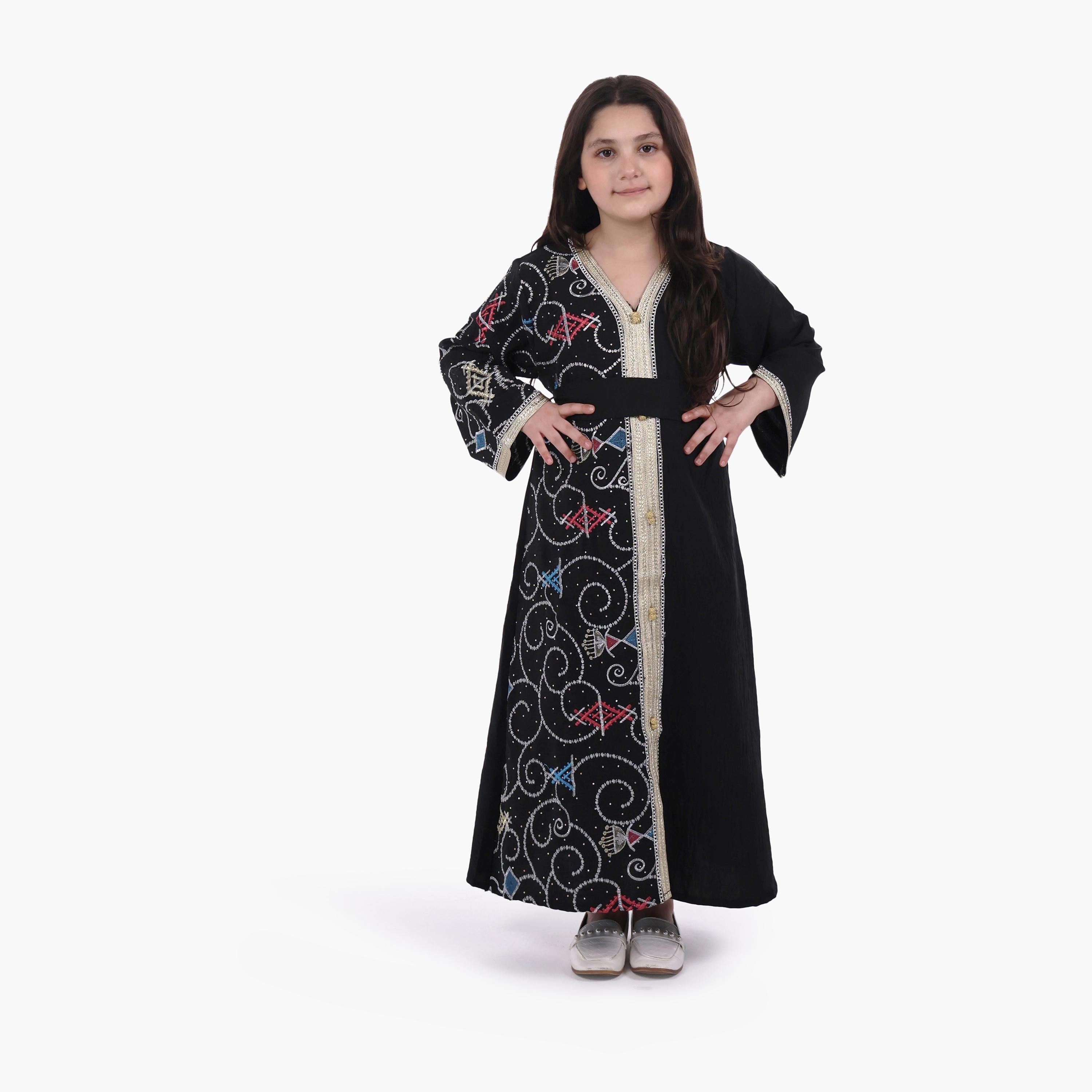 AL BENT AL SHARQIEH Embroidered Linen Girls Jalabiya with Belt-girls-arabicclothing-jalabiyas-image-1