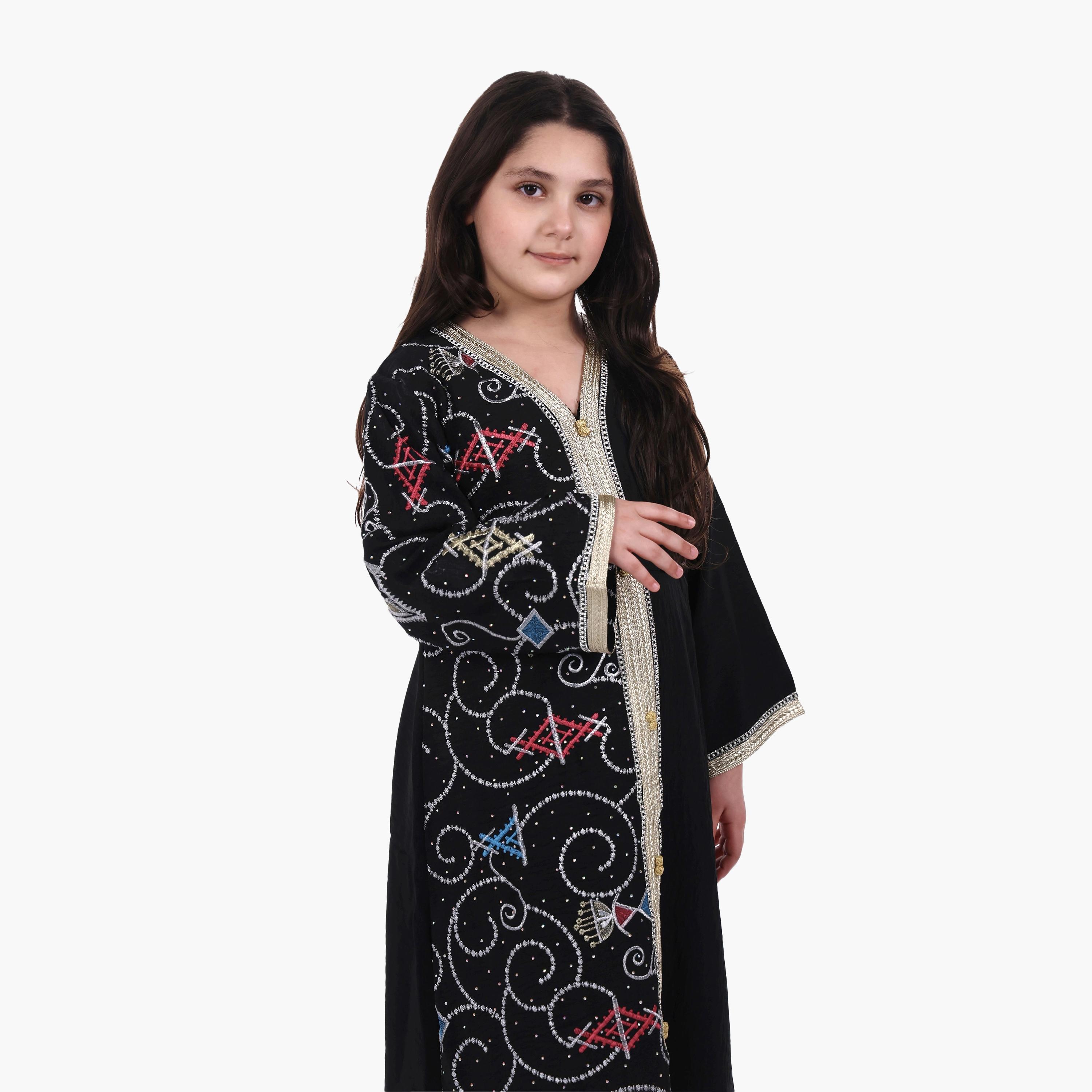 AL BENT AL SHARQIEH Embroidered Linen Girls Jalabiya with Belt-girls-arabicclothing-jalabiyas-image-3