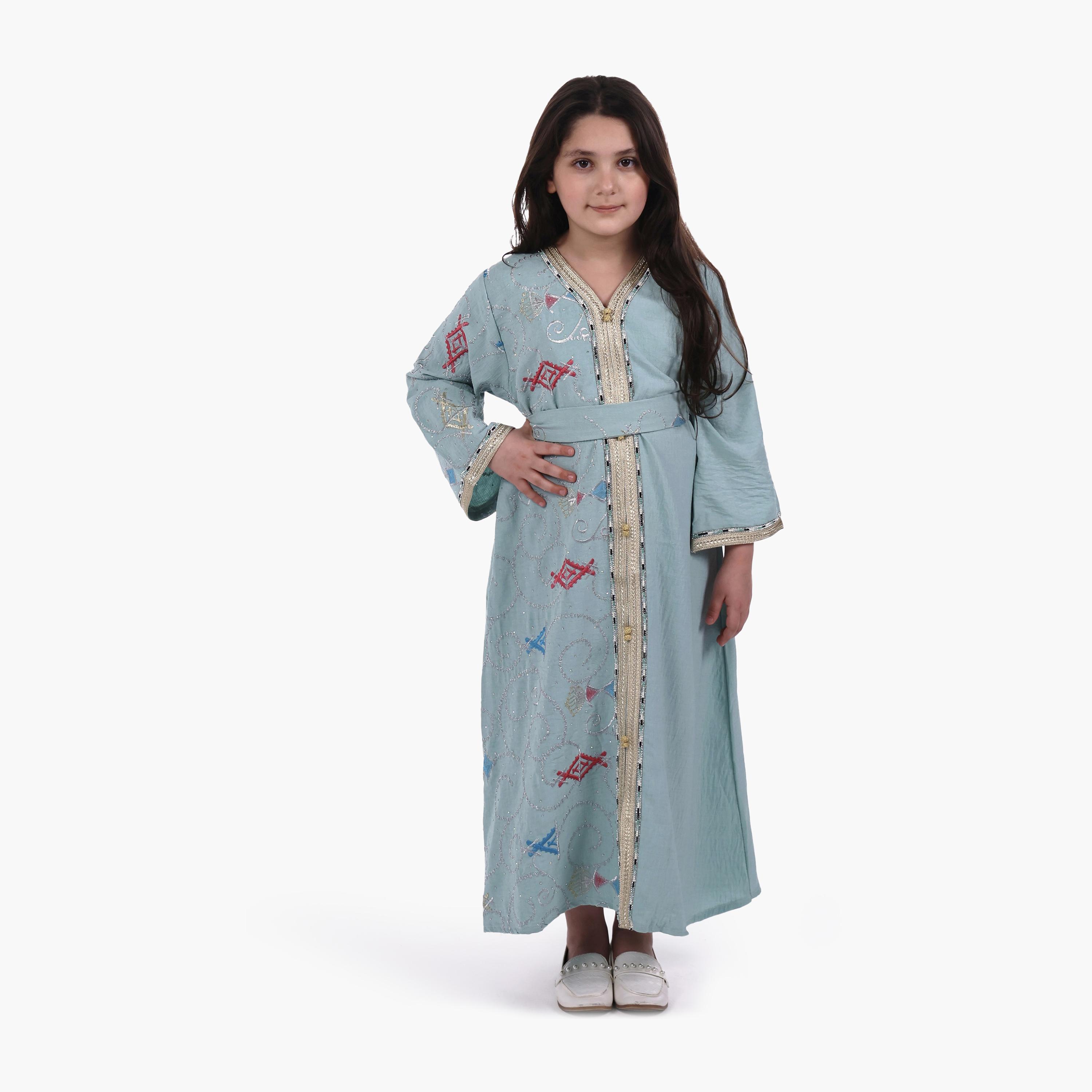 AL BENT AL SHARQIEH Embroidered Linen Girls Jalabiya with Belt-girls-arabicclothing-jalabiyas-image-1
