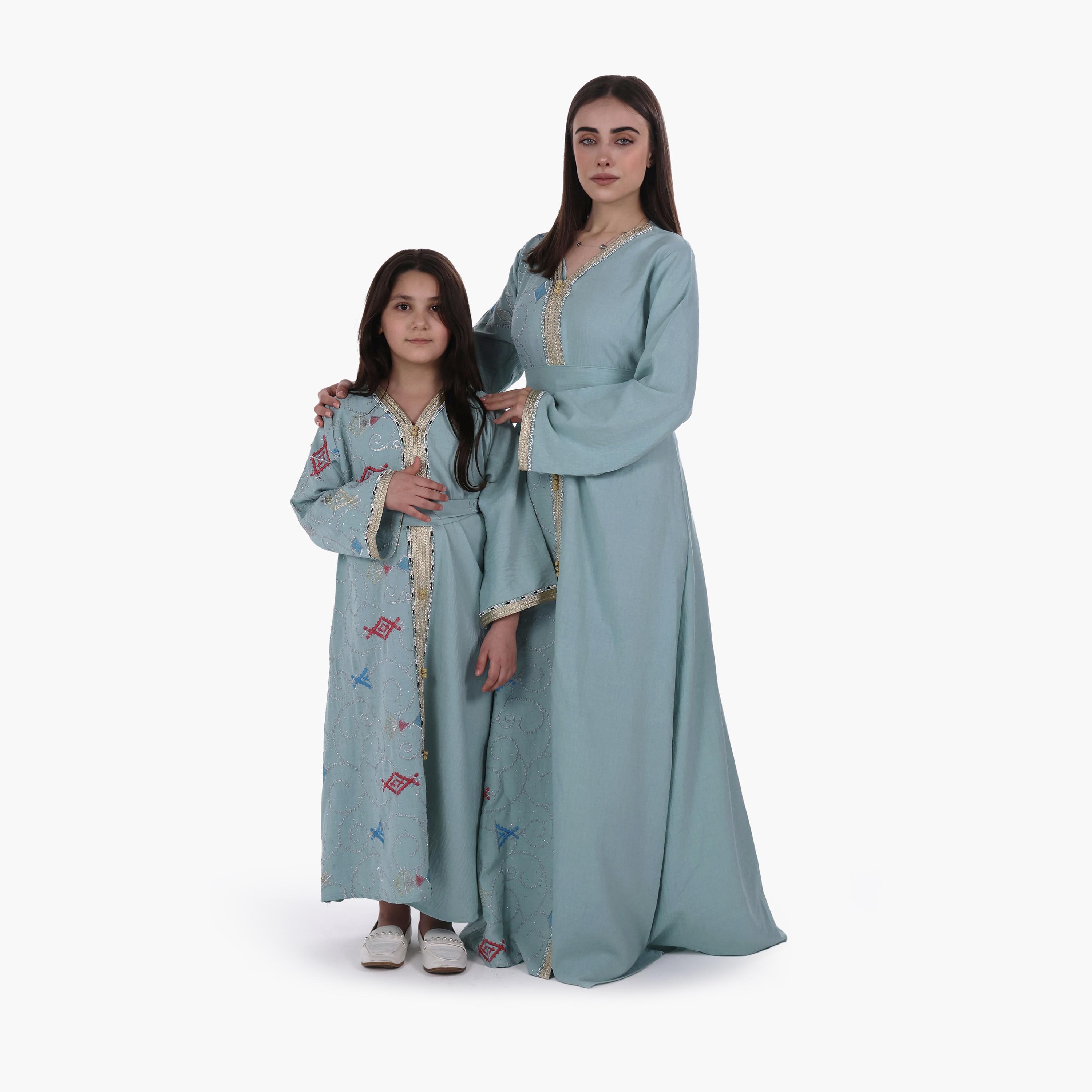 AL BENT AL SHARQIEH Embroidered Linen Girls Jalabiya with Belt-girls-arabicclothing-jalabiyas-image-2