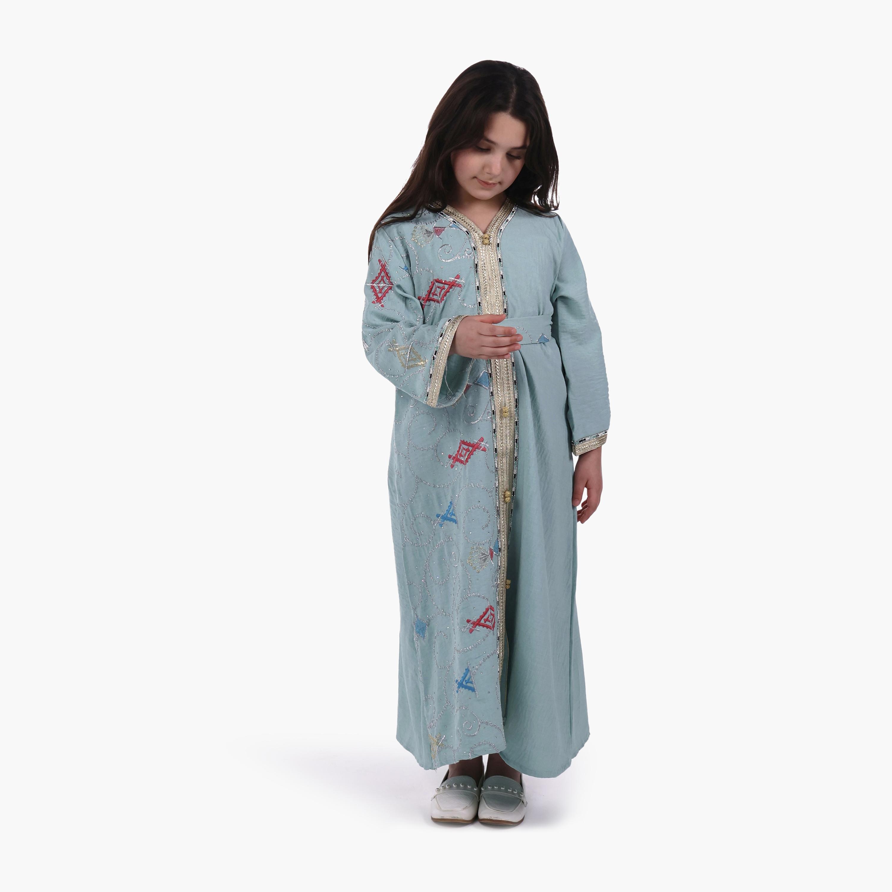 AL BENT AL SHARQIEH Embroidered Linen Girls Jalabiya with Belt-girls-arabicclothing-jalabiyas-image-3