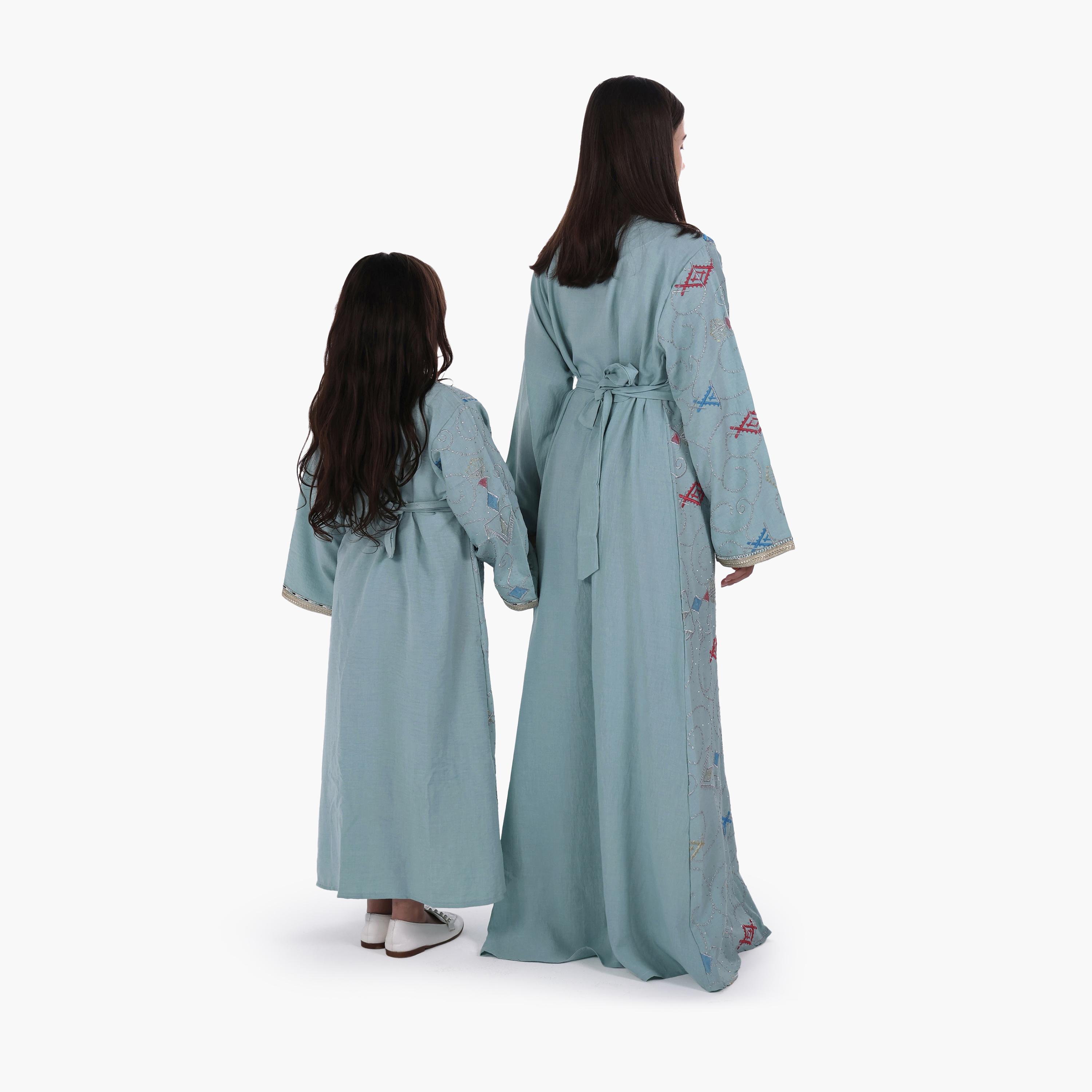 AL BENT AL SHARQIEH Embroidered Linen Girls Jalabiya with Belt-girls-arabicclothing-jalabiyas-image-4