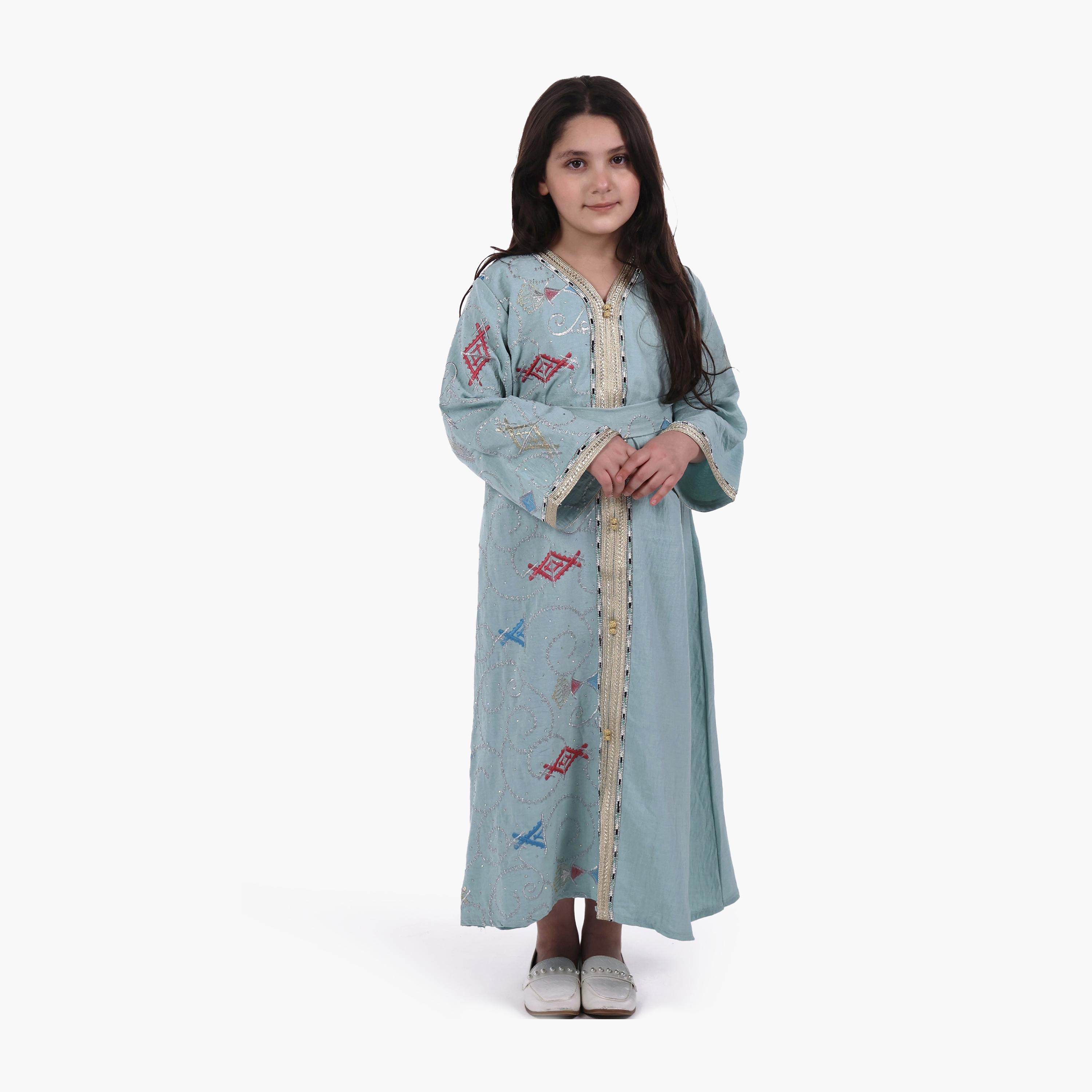 AL BENT AL SHARQIEH Embroidered Linen Girls Jalabiya with Belt-girls-arabicclothing-jalabiyas-image-5