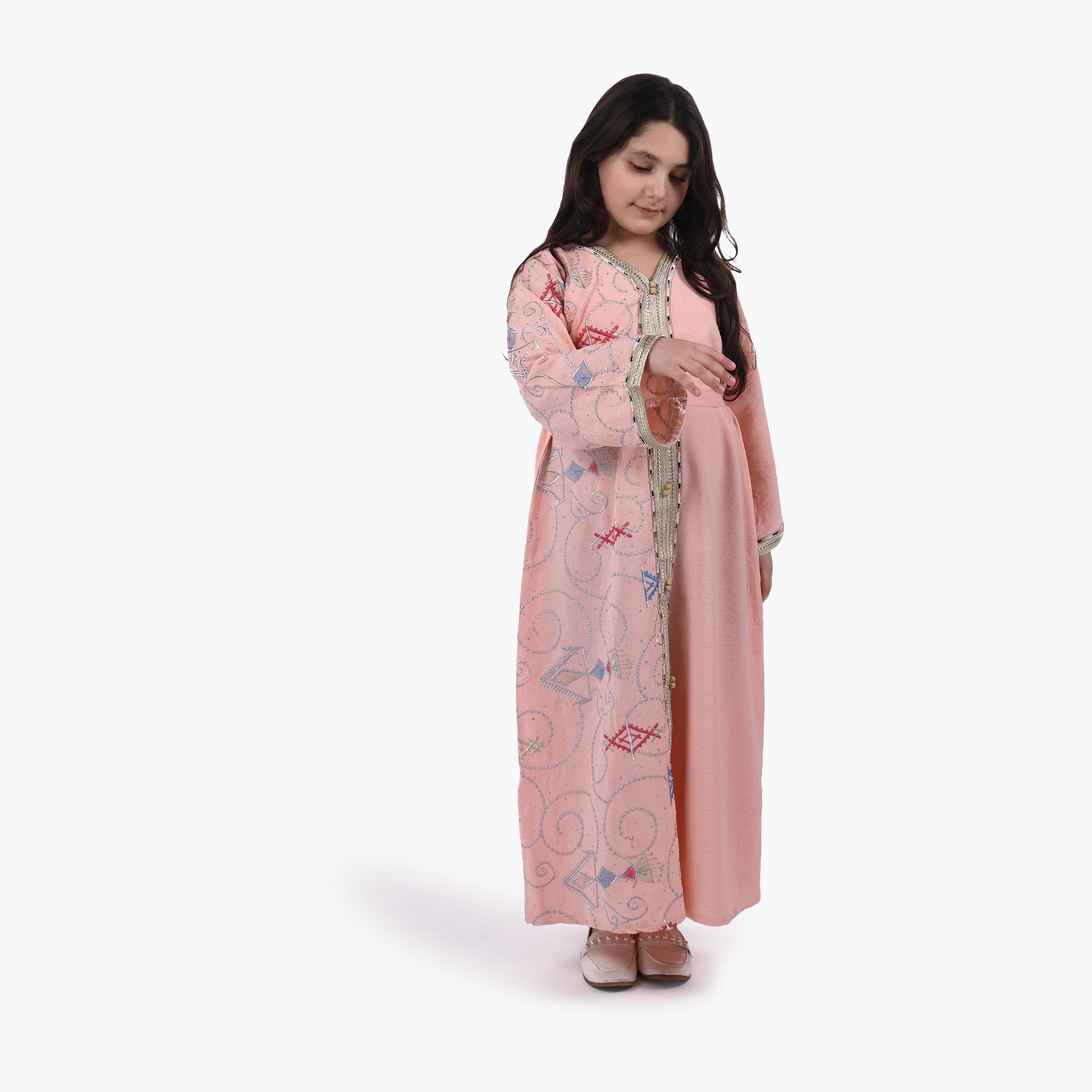 AL BENT AL SHARQIEH Embroidered Linen Girls Jalabiya with Belt-girls-arabicclothing-jalabiyas-image-1