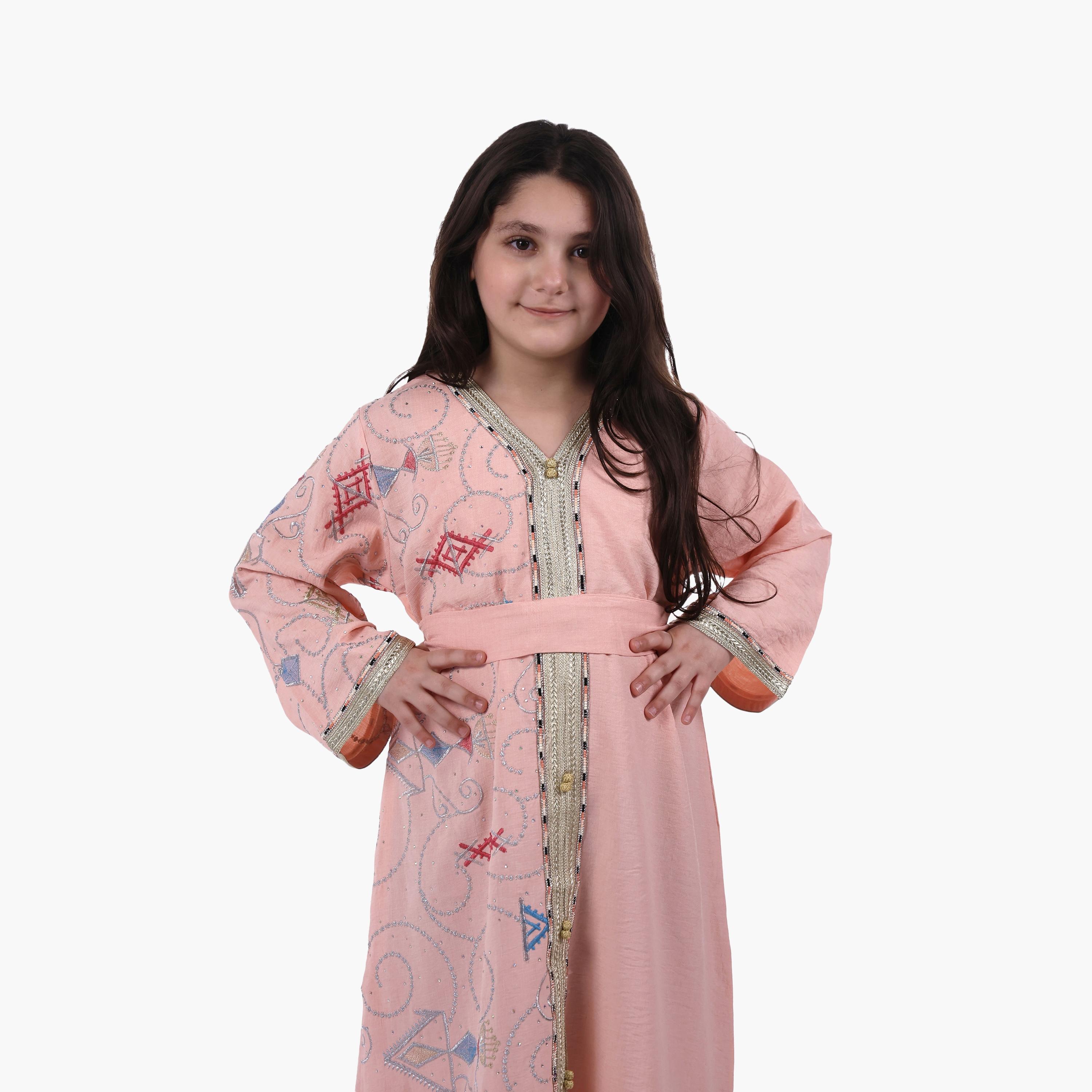 AL BENT AL SHARQIEH Embroidered Linen Girls Jalabiya with Belt-girls-arabicclothing-jalabiyas-image-3