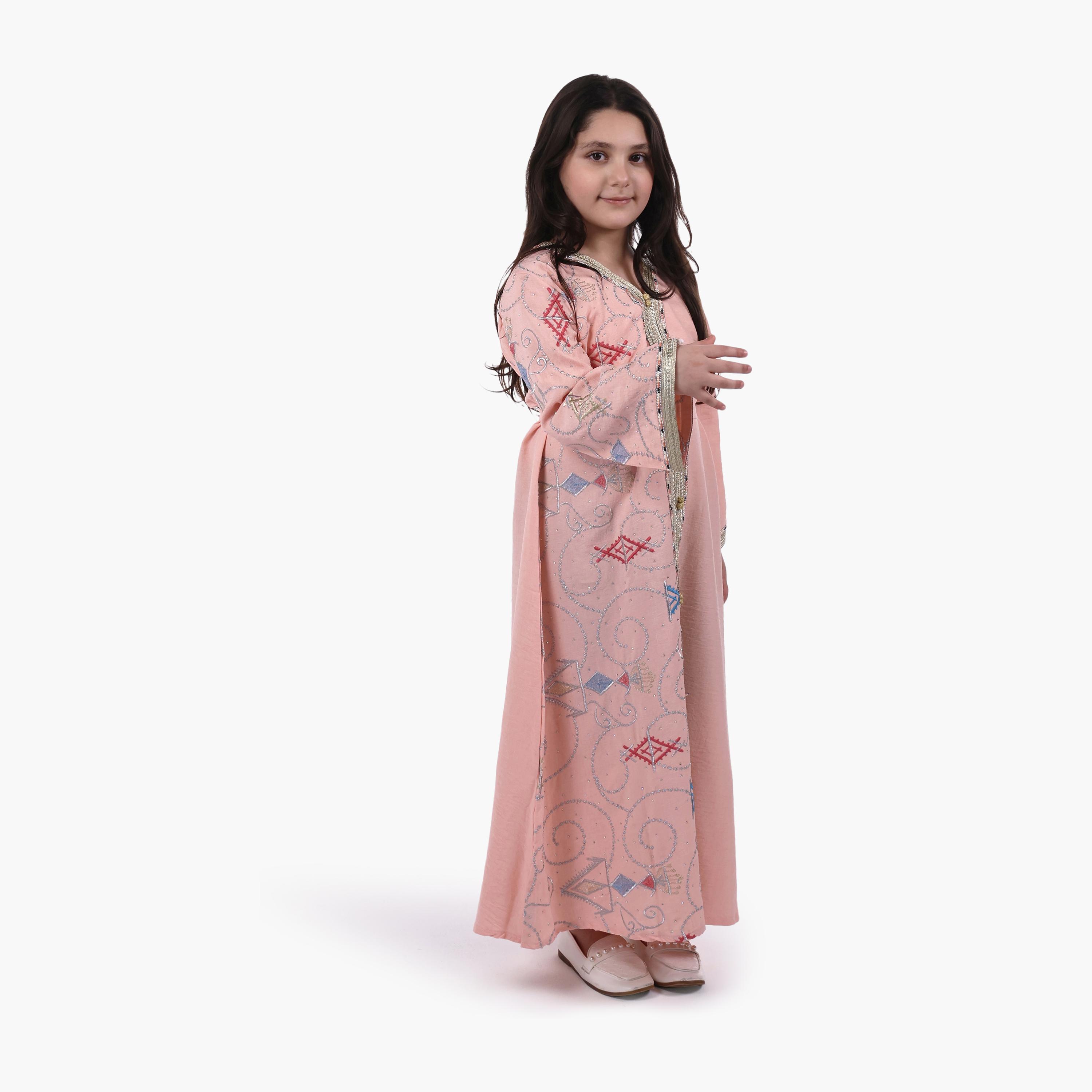 AL BENT AL SHARQIEH Embroidered Linen Girls Jalabiya with Belt-girls-arabicclothing-jalabiyas-image-4