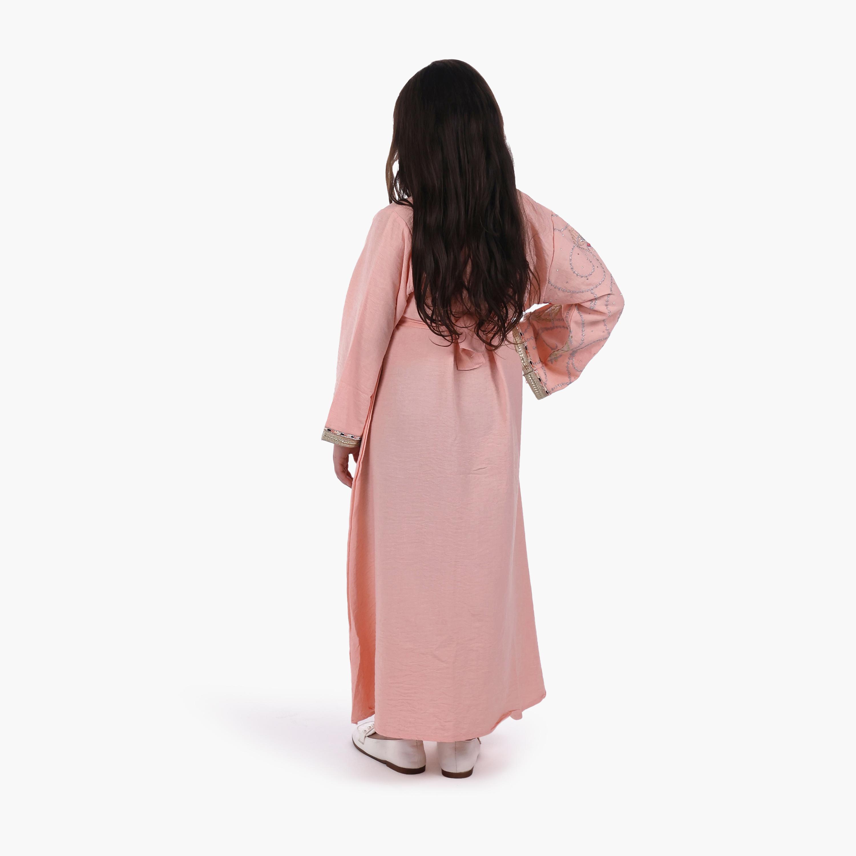 AL BENT AL SHARQIEH Embroidered Linen Girls Jalabiya with Belt-girls-arabicclothing-jalabiyas-image-5