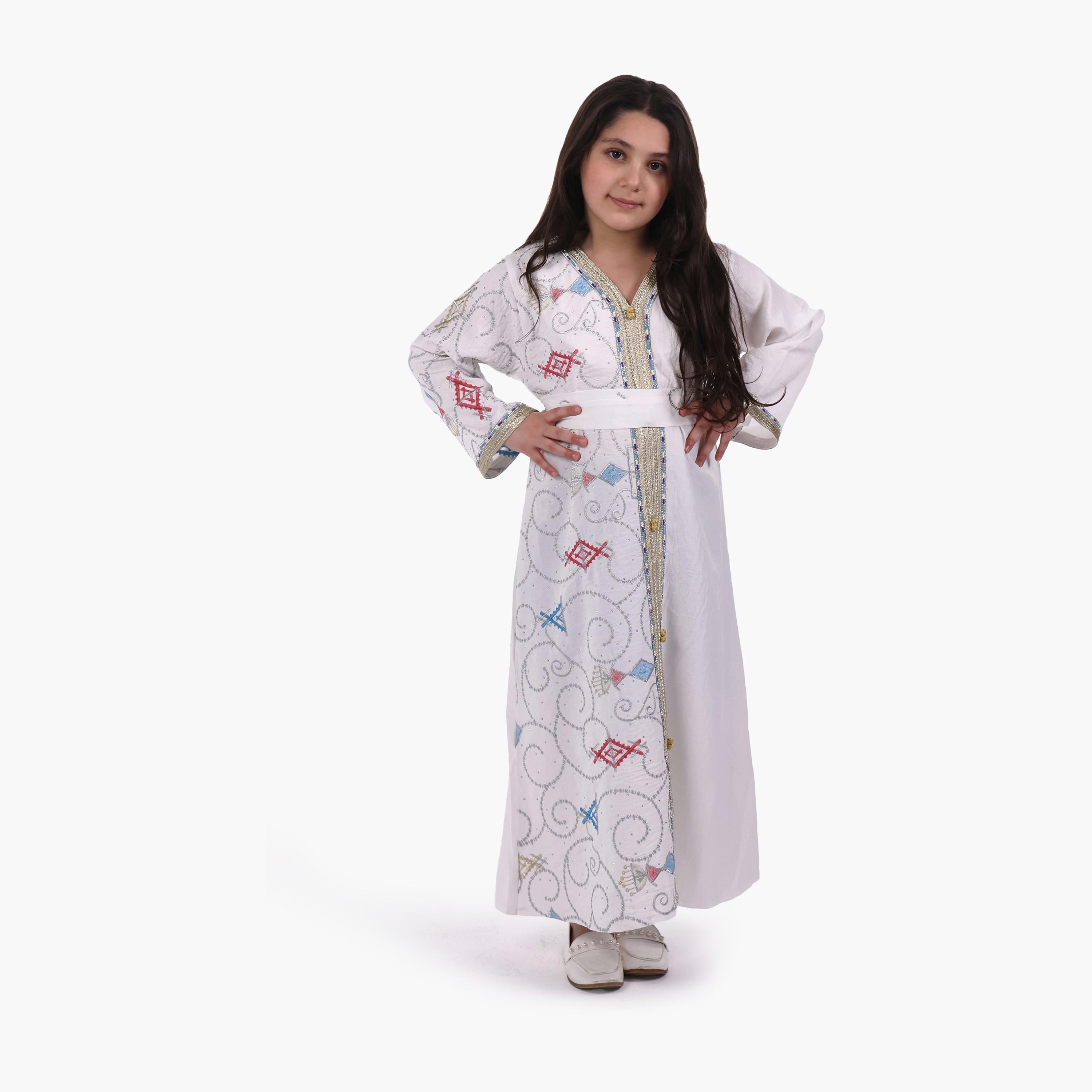 AL BENT AL SHARQIEH Embroidered Linen Girls Jalabiya with Belt-girls-arabicclothing-jalabiyas-image-1
