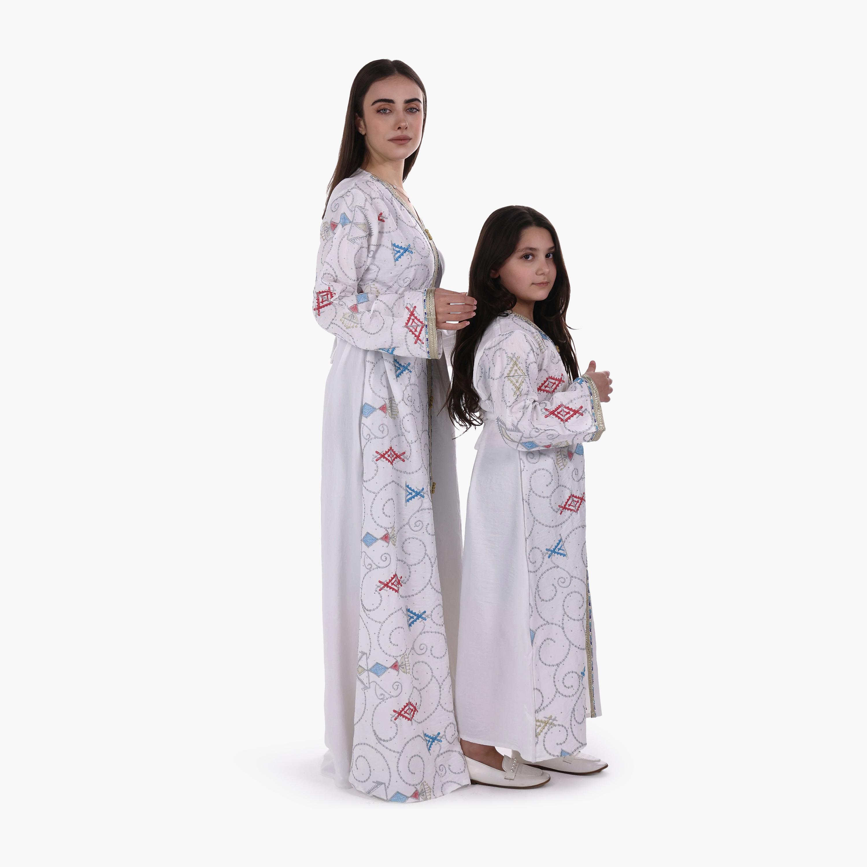 AL BENT AL SHARQIEH Embroidered Linen Girls Jalabiya with Belt-girls-arabicclothing-jalabiyas-image-2