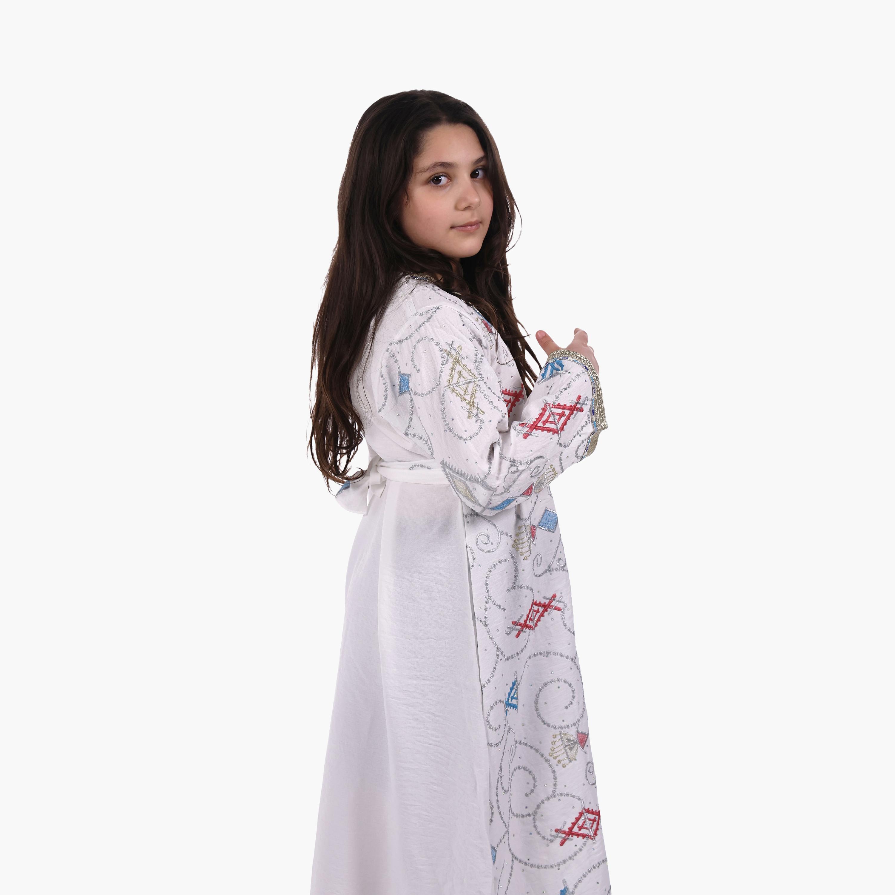 AL BENT AL SHARQIEH Embroidered Linen Girls Jalabiya with Belt-girls-arabicclothing-jalabiyas-image-3