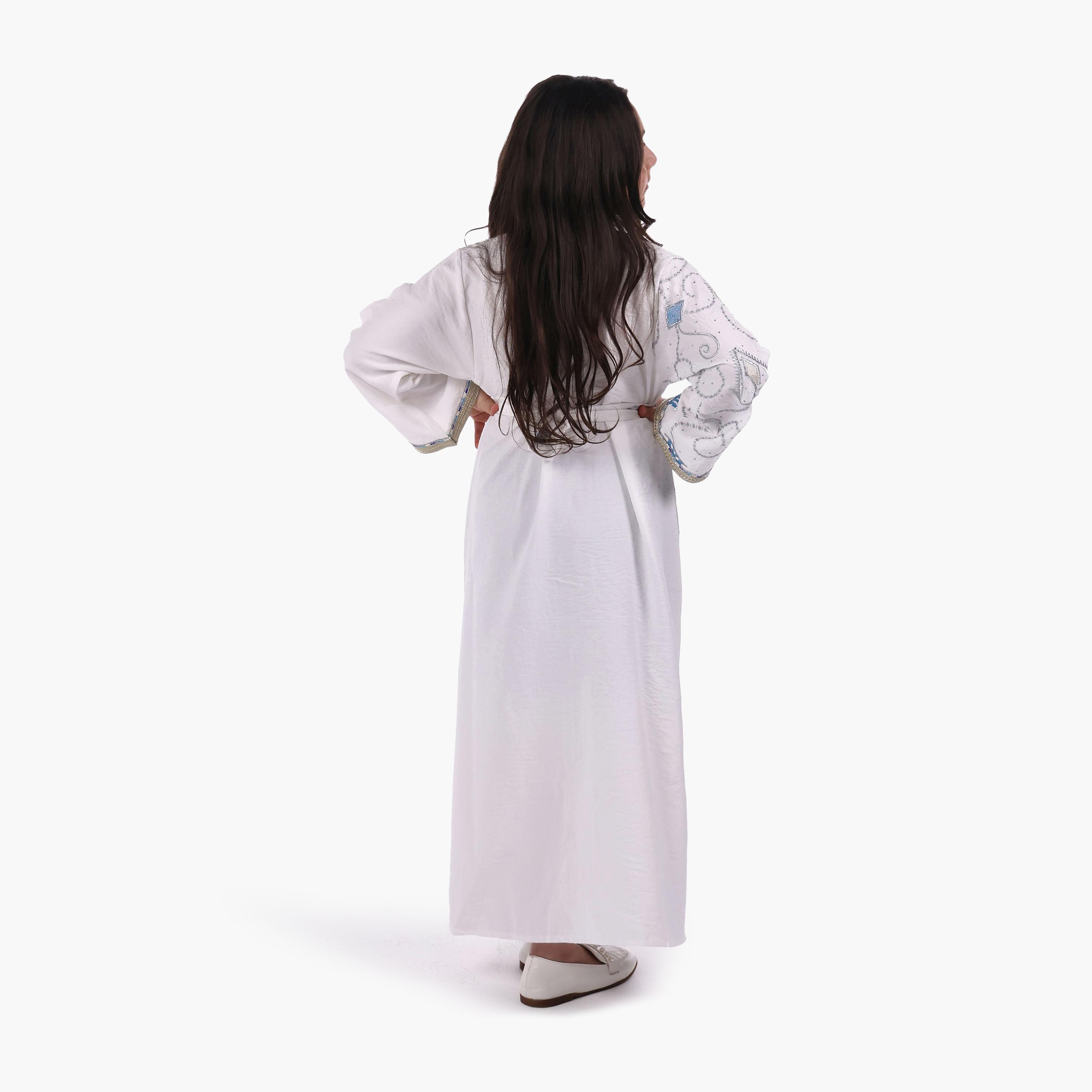 AL BENT AL SHARQIEH Embroidered Linen Girls Jalabiya with Belt-girls-arabicclothing-jalabiyas-image-5