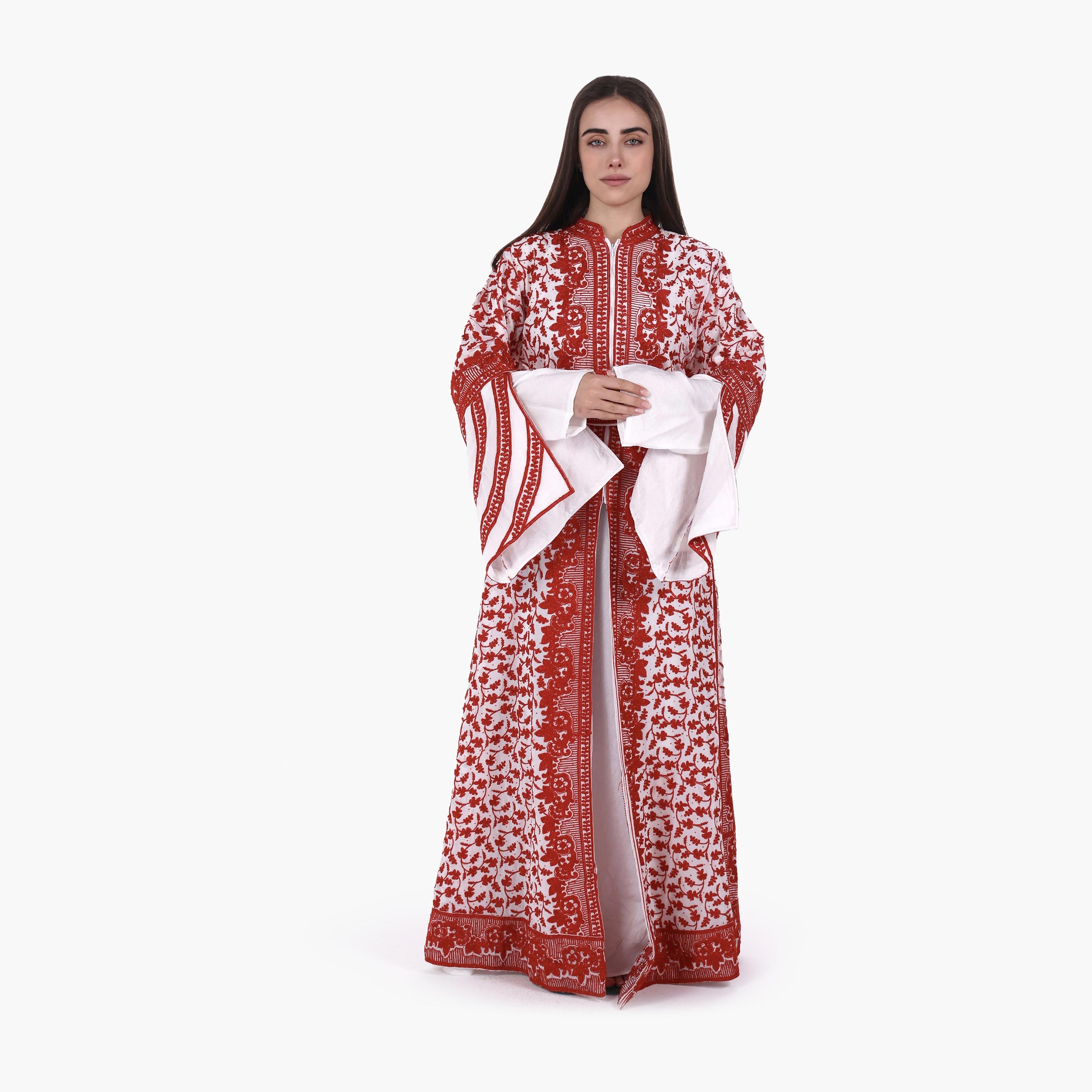 AL BENT AL SHARQIEH Floral Embroidered Bell Sleeves Crepe Women's Evening Jalabiya with Belt-women-arabicclothing-jalabiyas-image-1