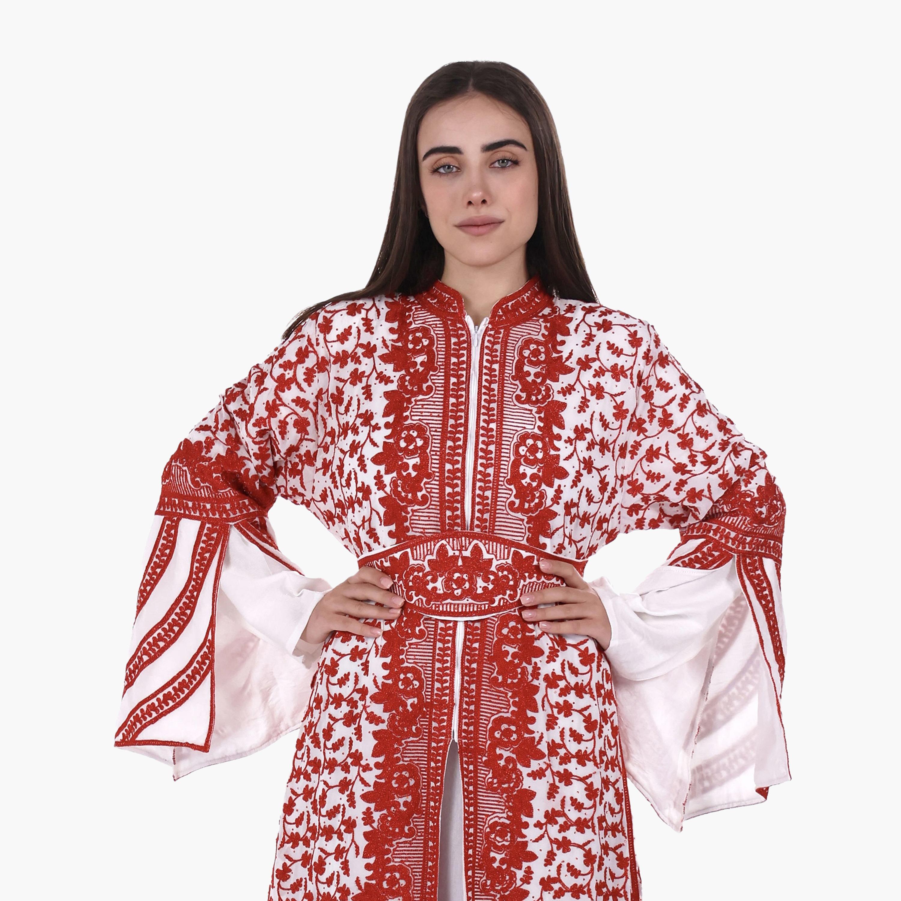 AL BENT AL SHARQIEH Floral Embroidered Bell Sleeves Crepe Women's Evening Jalabiya with Belt-women-arabicclothing-jalabiyas-image-2