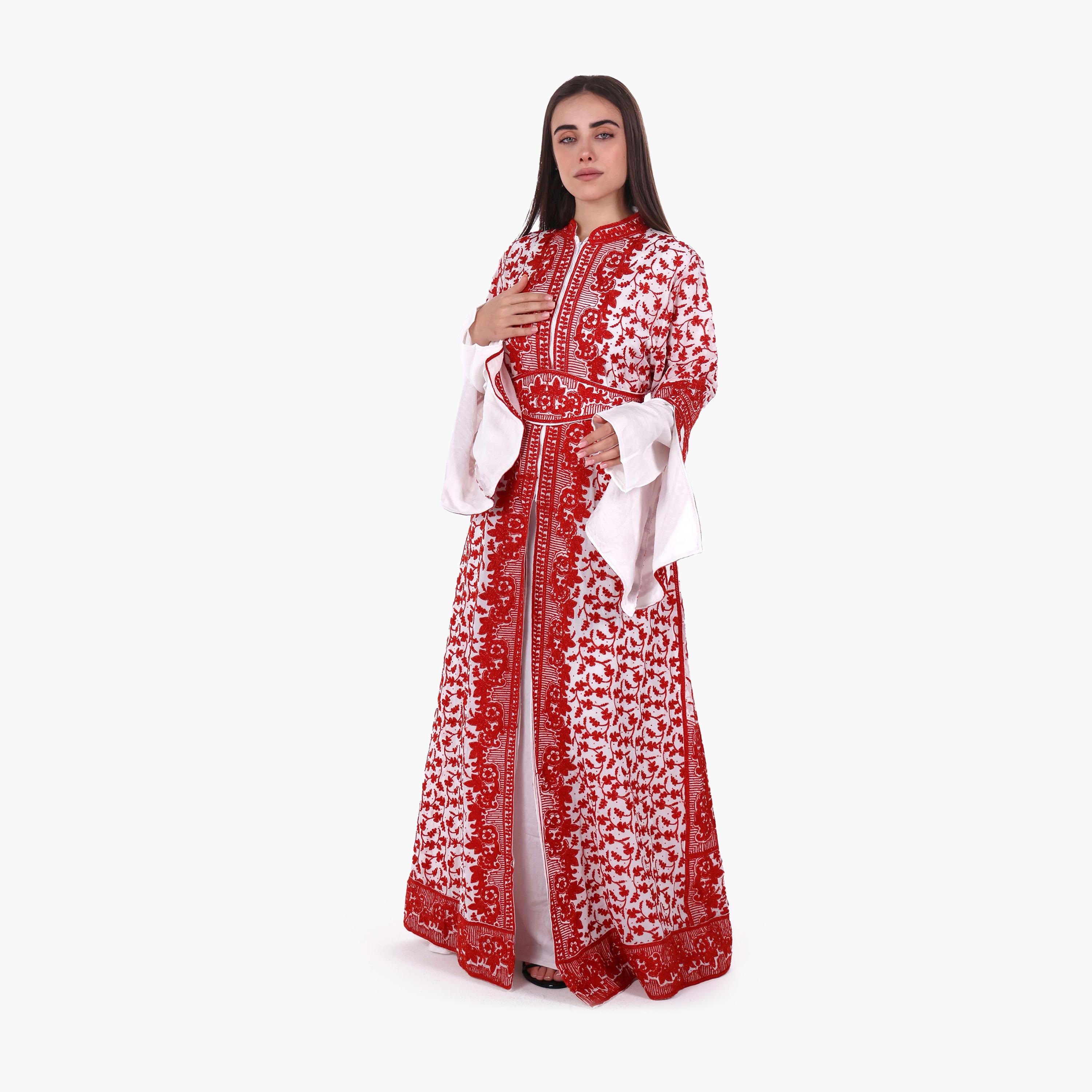 AL BENT AL SHARQIEH Floral Embroidered Bell Sleeves Crepe Women's Evening Jalabiya with Belt-women-arabicclothing-jalabiyas-image-3