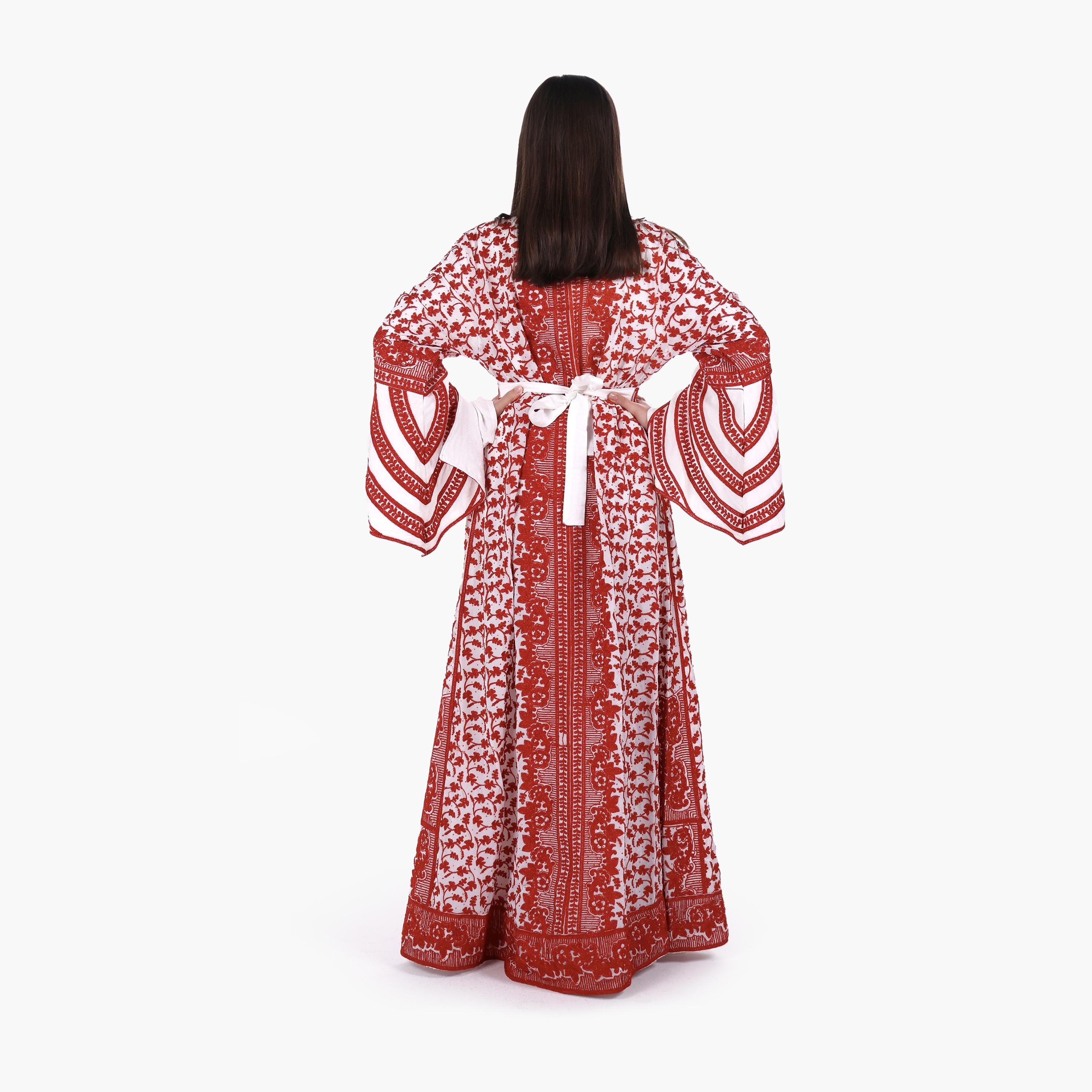 AL BENT AL SHARQIEH Floral Embroidered Bell Sleeves Crepe Women's Evening Jalabiya with Belt-women-arabicclothing-jalabiyas-image-4