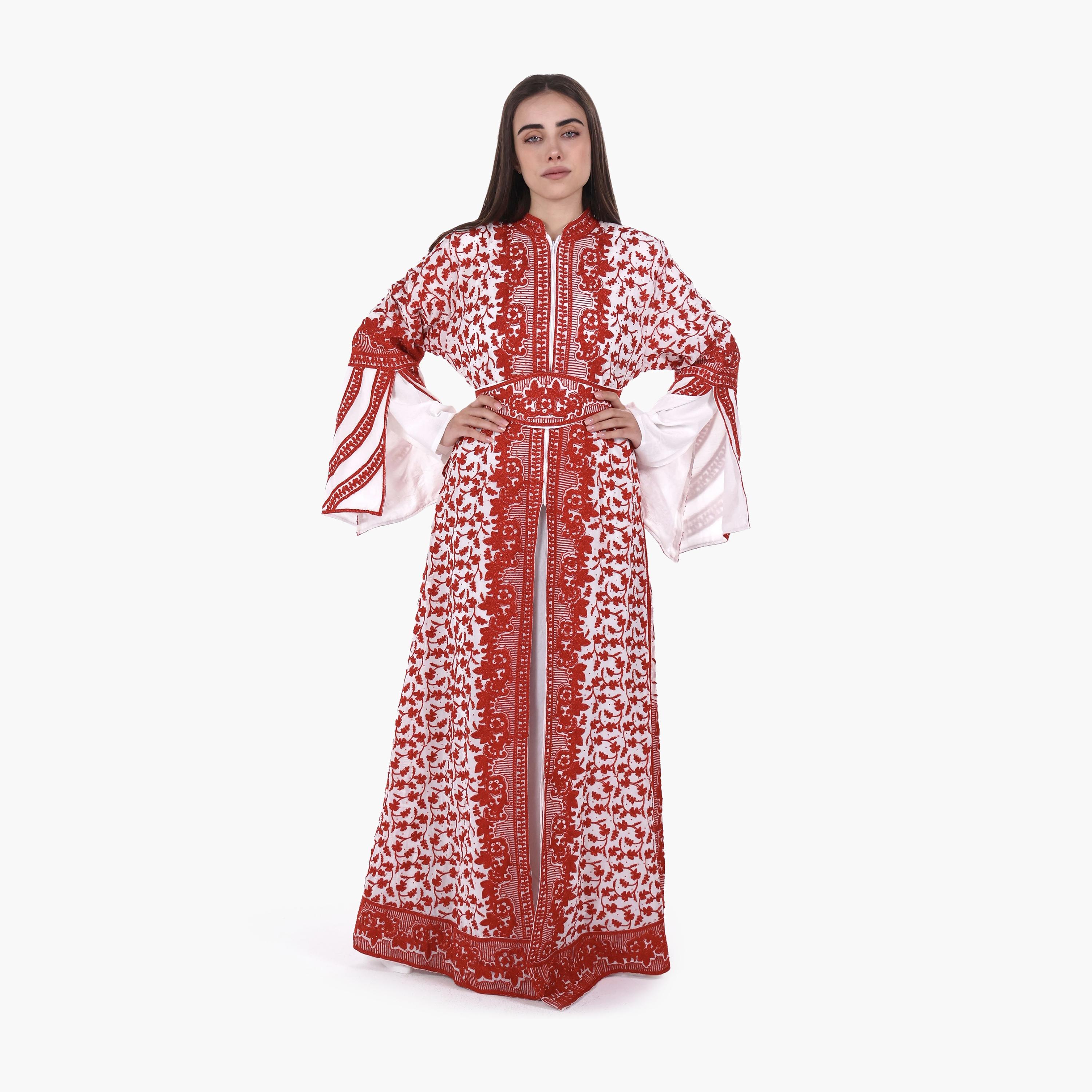 AL BENT AL SHARQIEH Floral Embroidered Bell Sleeves Crepe Women's Evening Jalabiya with Belt-women-arabicclothing-jalabiyas-image-6