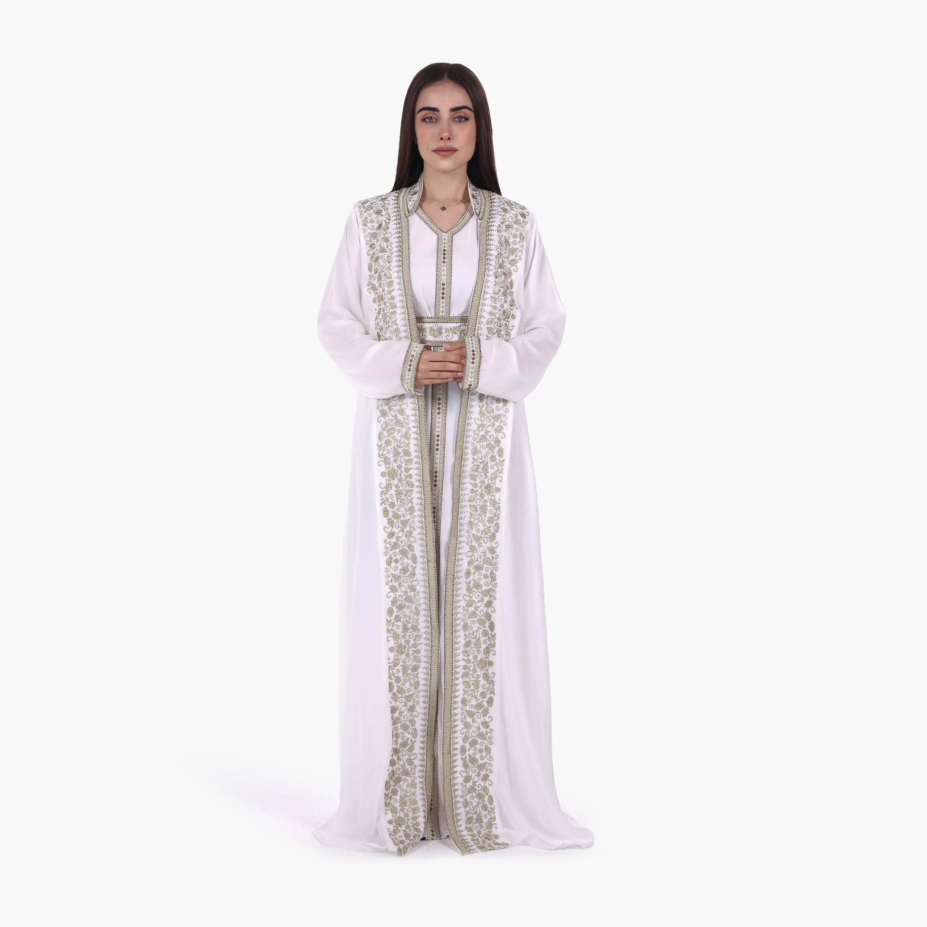 AL BENT AL SHARQIEH White Vine Embroidered Crepe Women's Evening Moroccan-Style Jalabiya with Belt-women-arabicclothing-jalabiyas-image-1