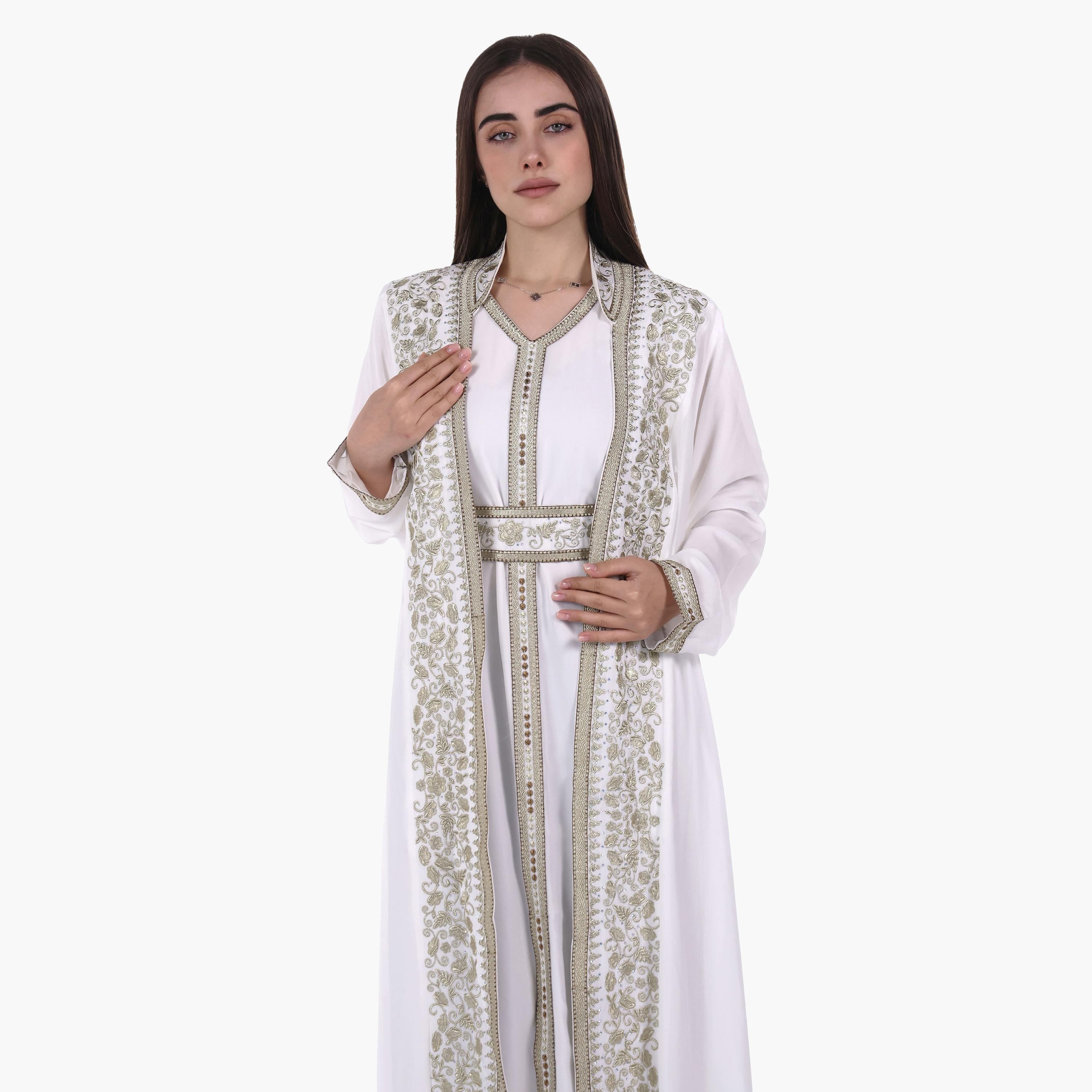 AL BENT AL SHARQIEH White Vine Embroidered Crepe Women's Evening Moroccan-Style Jalabiya with Belt-women-arabicclothing-jalabiyas-image-2