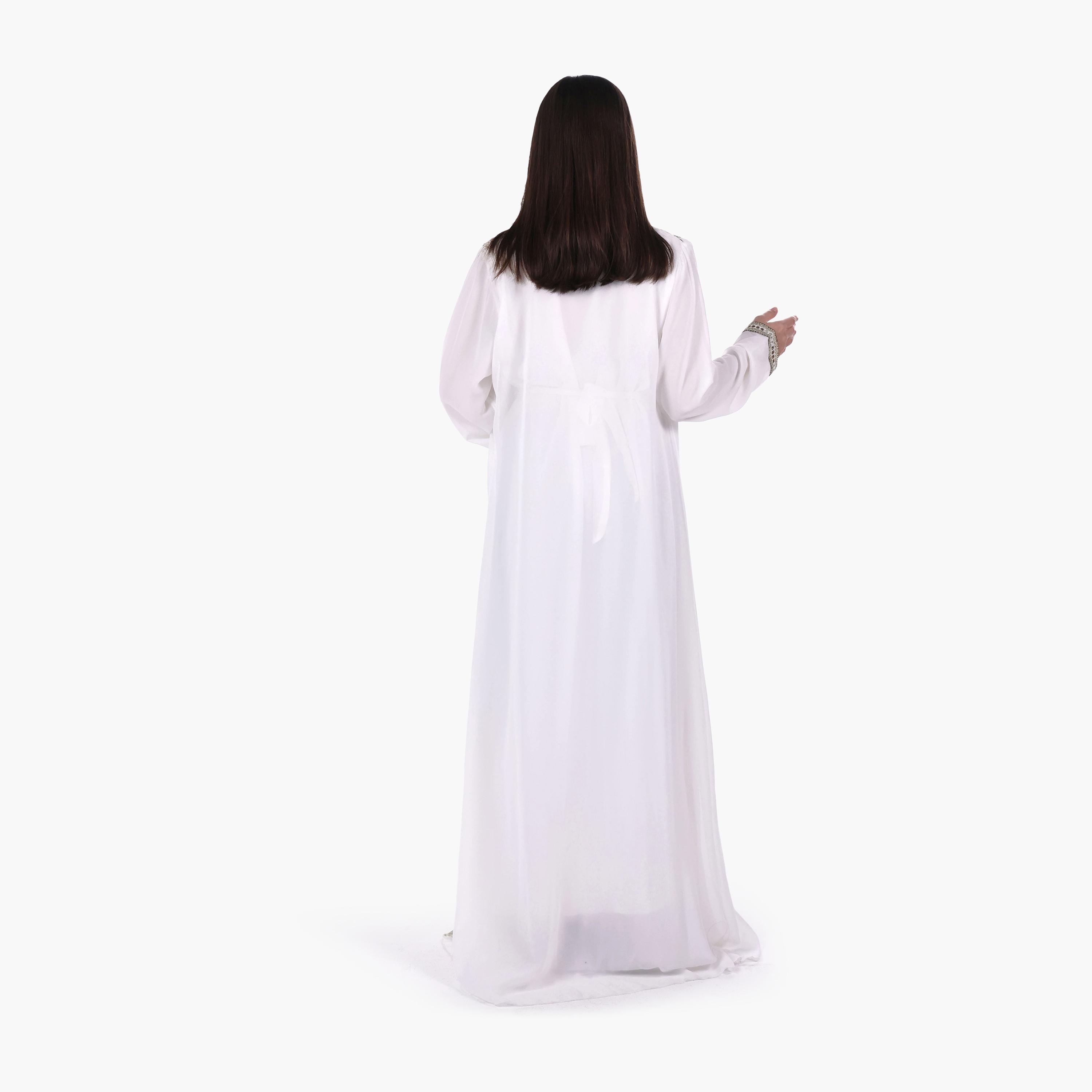 AL BENT AL SHARQIEH White Vine Embroidered Crepe Women's Evening Moroccan-Style Jalabiya with Belt-women-arabicclothing-jalabiyas-image-3