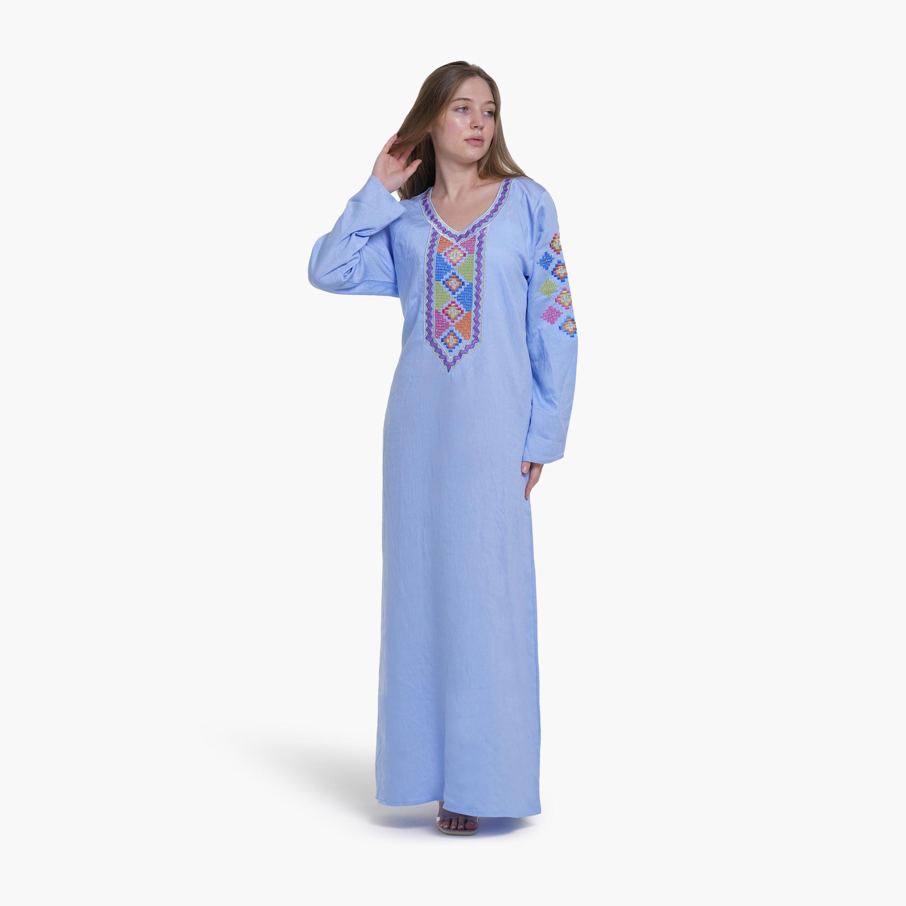 AL BENT AL SHARQIEH Embroidered Yoke Linen Women's Jalabiya-women-arabicclothing-jalabiyas-image-1