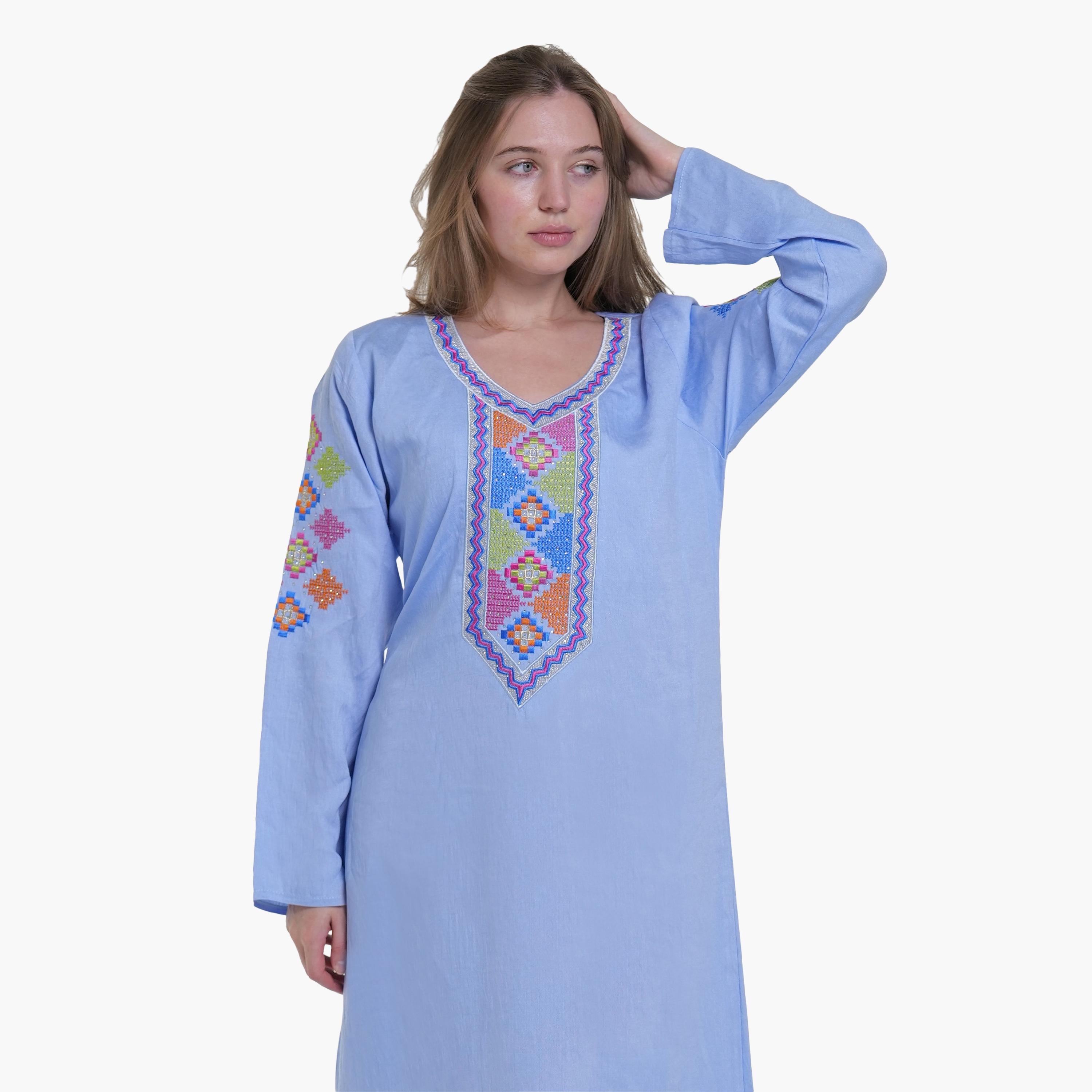 AL BENT AL SHARQIEH Embroidered Yoke Linen Women's Jalabiya-women-arabicclothing-jalabiyas-image-2