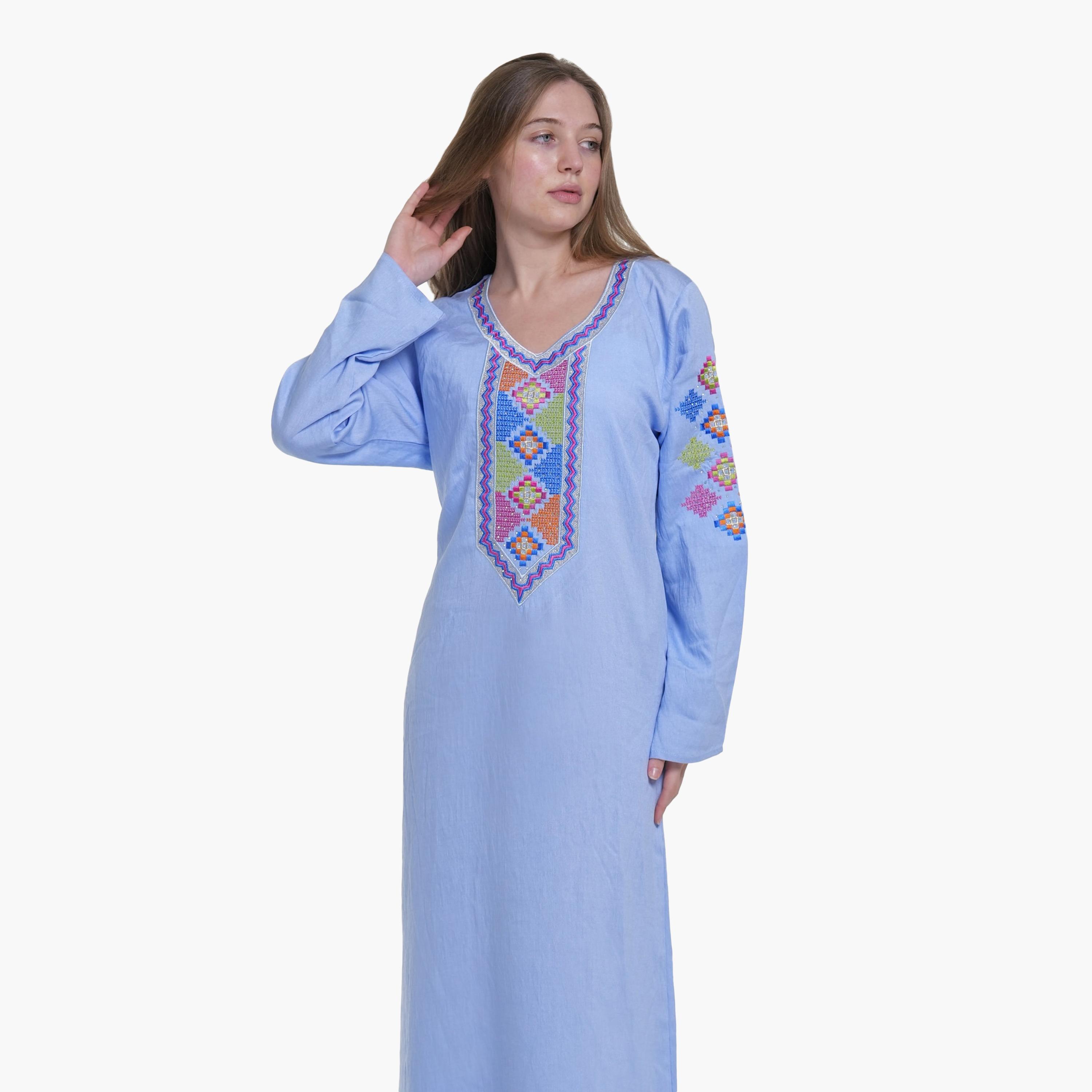 AL BENT AL SHARQIEH Embroidered Yoke Linen Women's Jalabiya-women-arabicclothing-jalabiyas-image-3