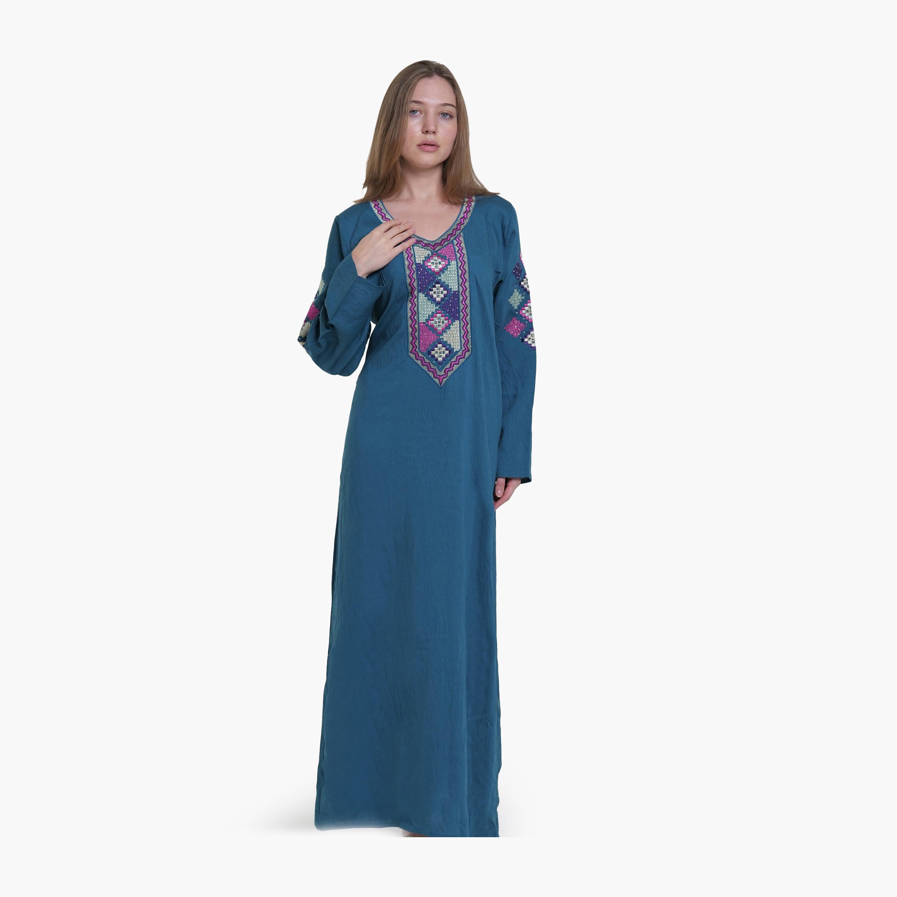 جلابية نسائية بصدرية مطرزة قماش كتان من البنت الشرقية-women-arabicclothing-jalabiyas-image-1