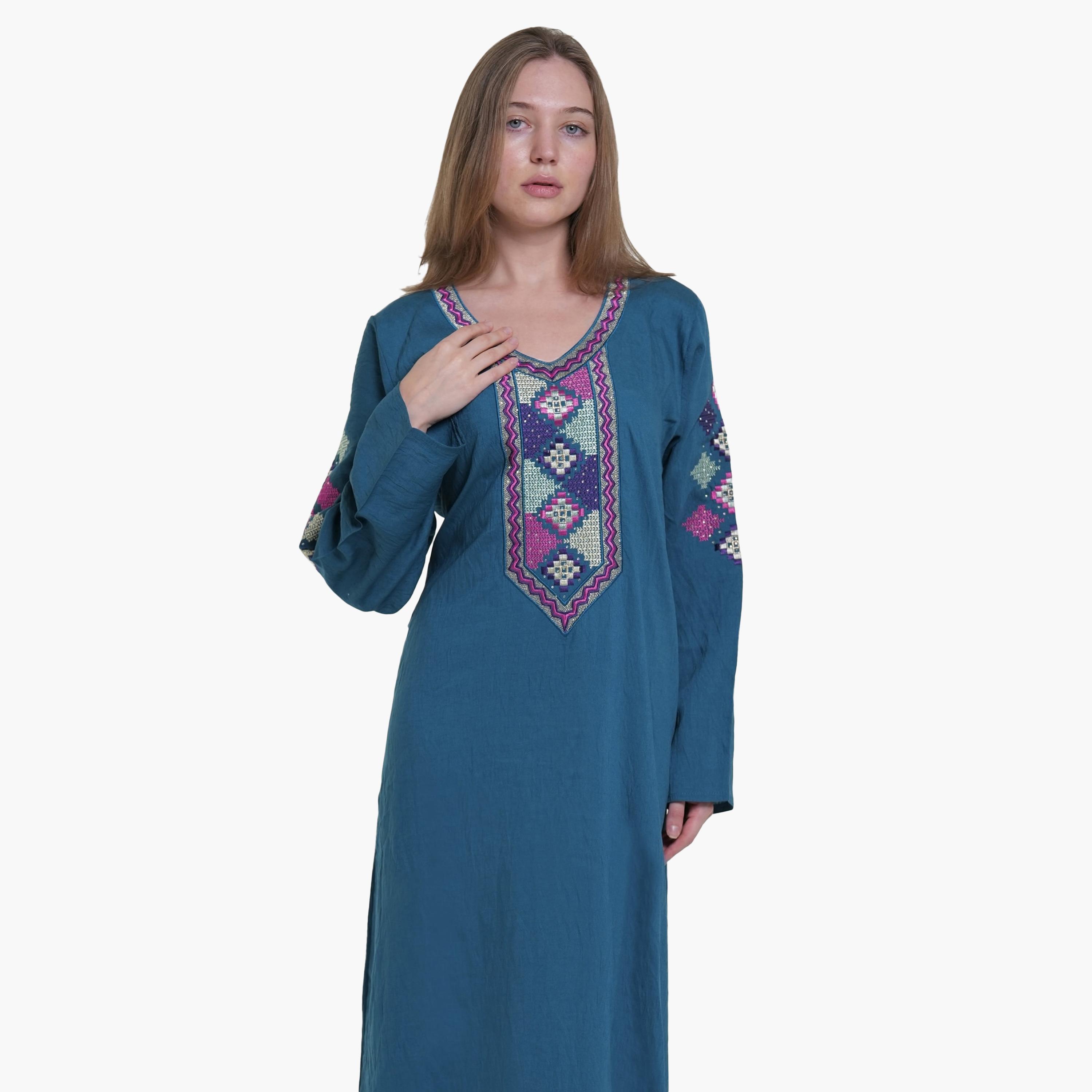 جلابية نسائية بصدرية مطرزة قماش كتان من البنت الشرقية-women-arabicclothing-jalabiyas-image-2
