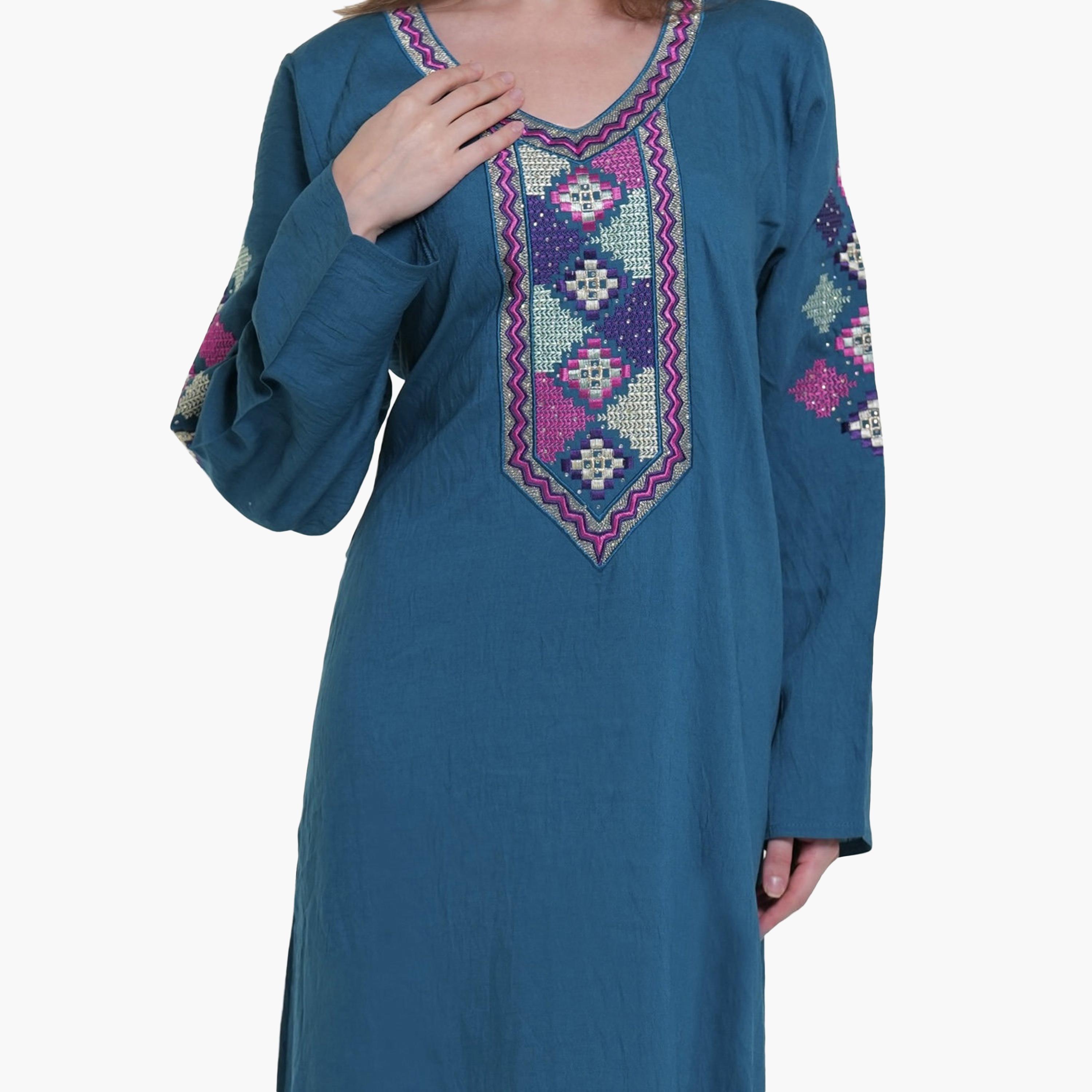 جلابية نسائية بصدرية مطرزة قماش كتان من البنت الشرقية-women-arabicclothing-jalabiyas-image-3