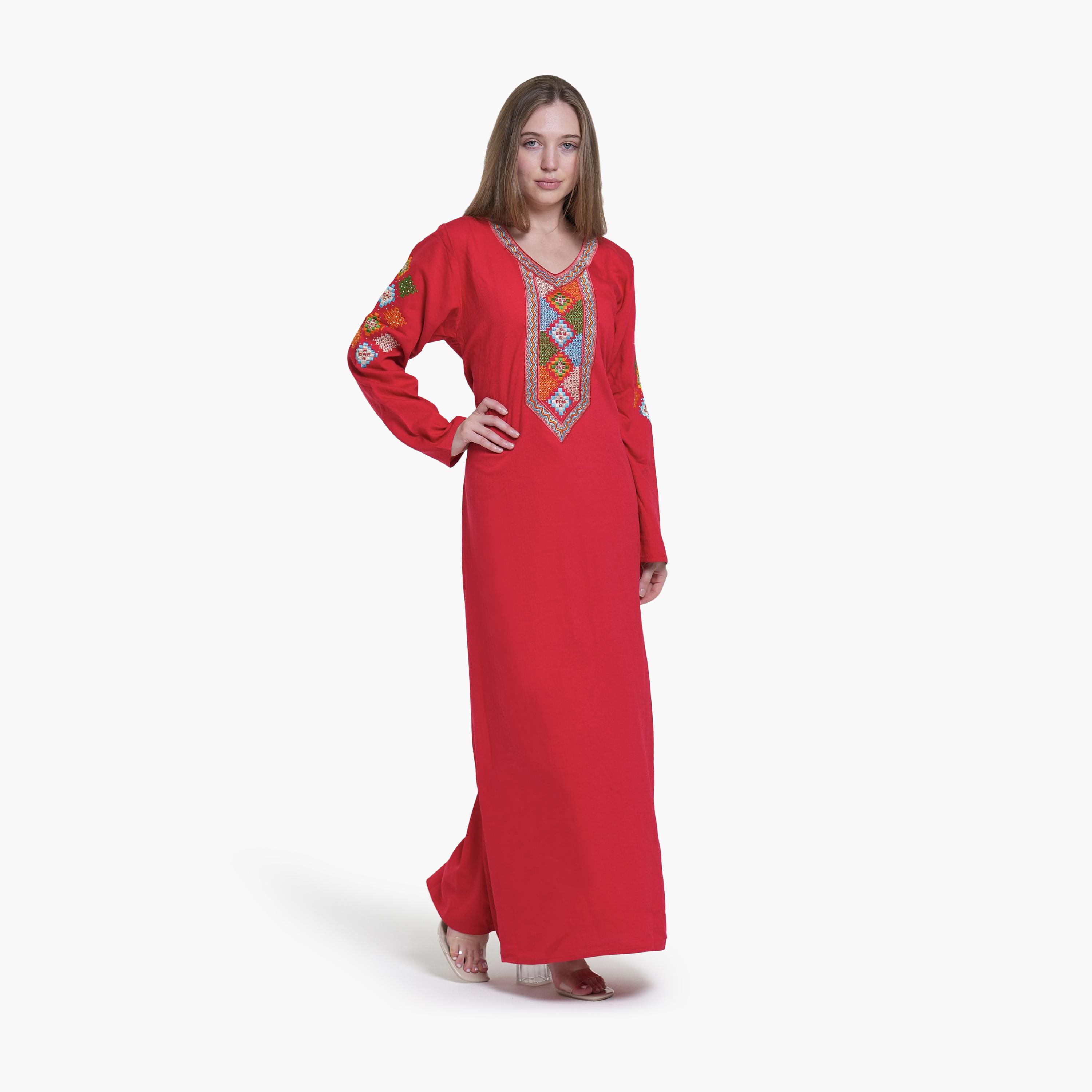 AL BENT AL SHARQIEH Embroidered Yoke Linen Women's Jalabiya-women-arabicclothing-jalabiyas-image-1
