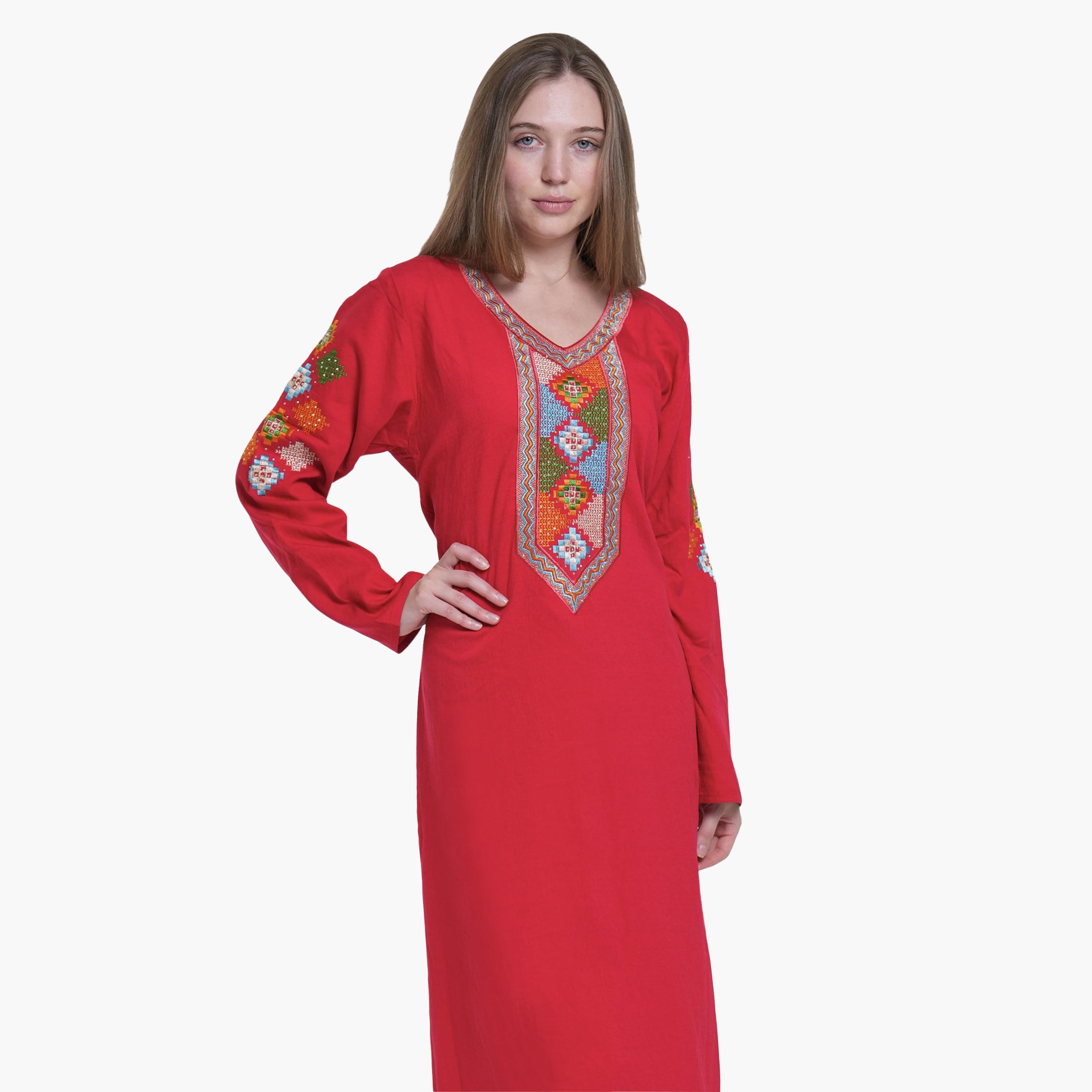 AL BENT AL SHARQIEH Embroidered Yoke Linen Women's Jalabiya-women-arabicclothing-jalabiyas-image-2