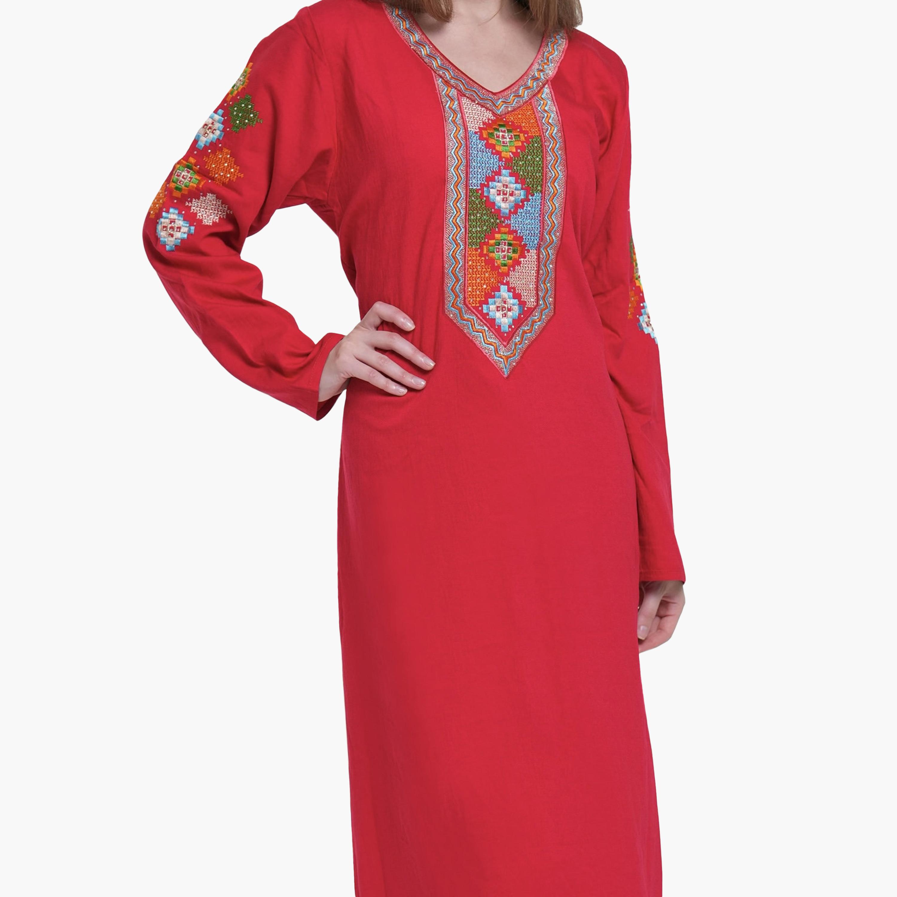 AL BENT AL SHARQIEH Embroidered Yoke Linen Women's Jalabiya-women-arabicclothing-jalabiyas-image-3