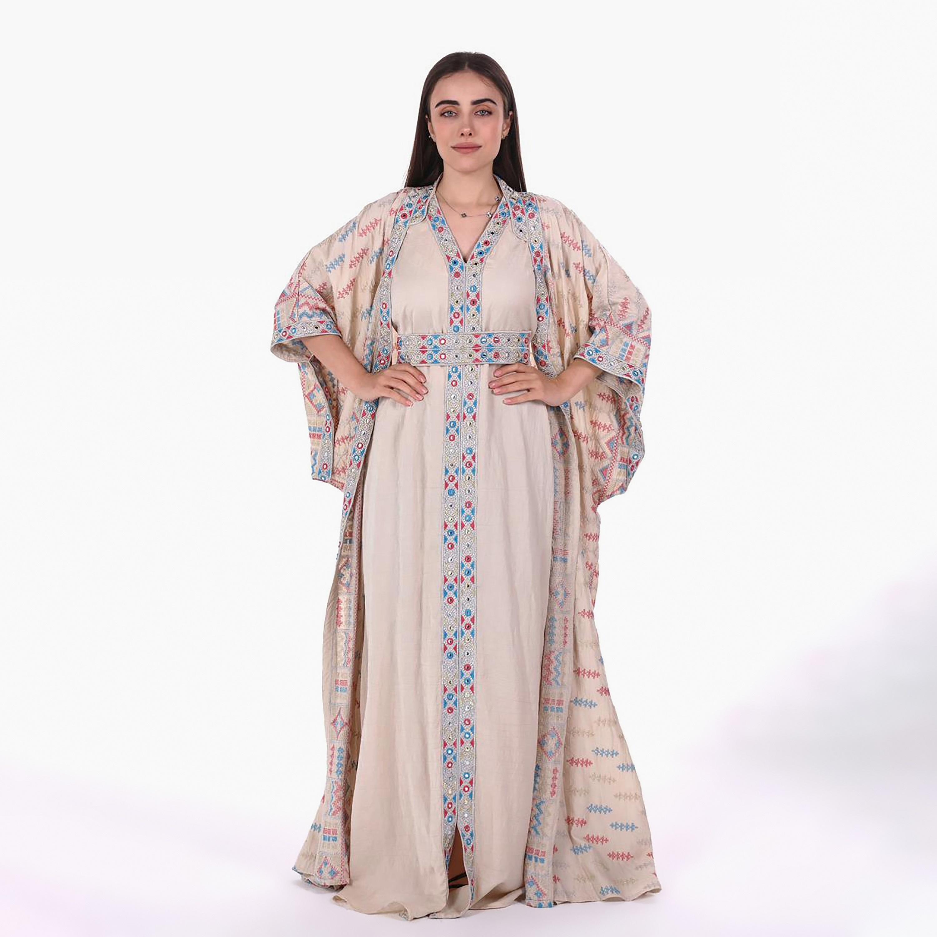 AL BENT AL SHARQIEH Embroidered Mandarin Collar Batwing Sleeves Linen Women's Kaftan Style Jalabiya-women-arabicclothing-jalabiyas-image-1