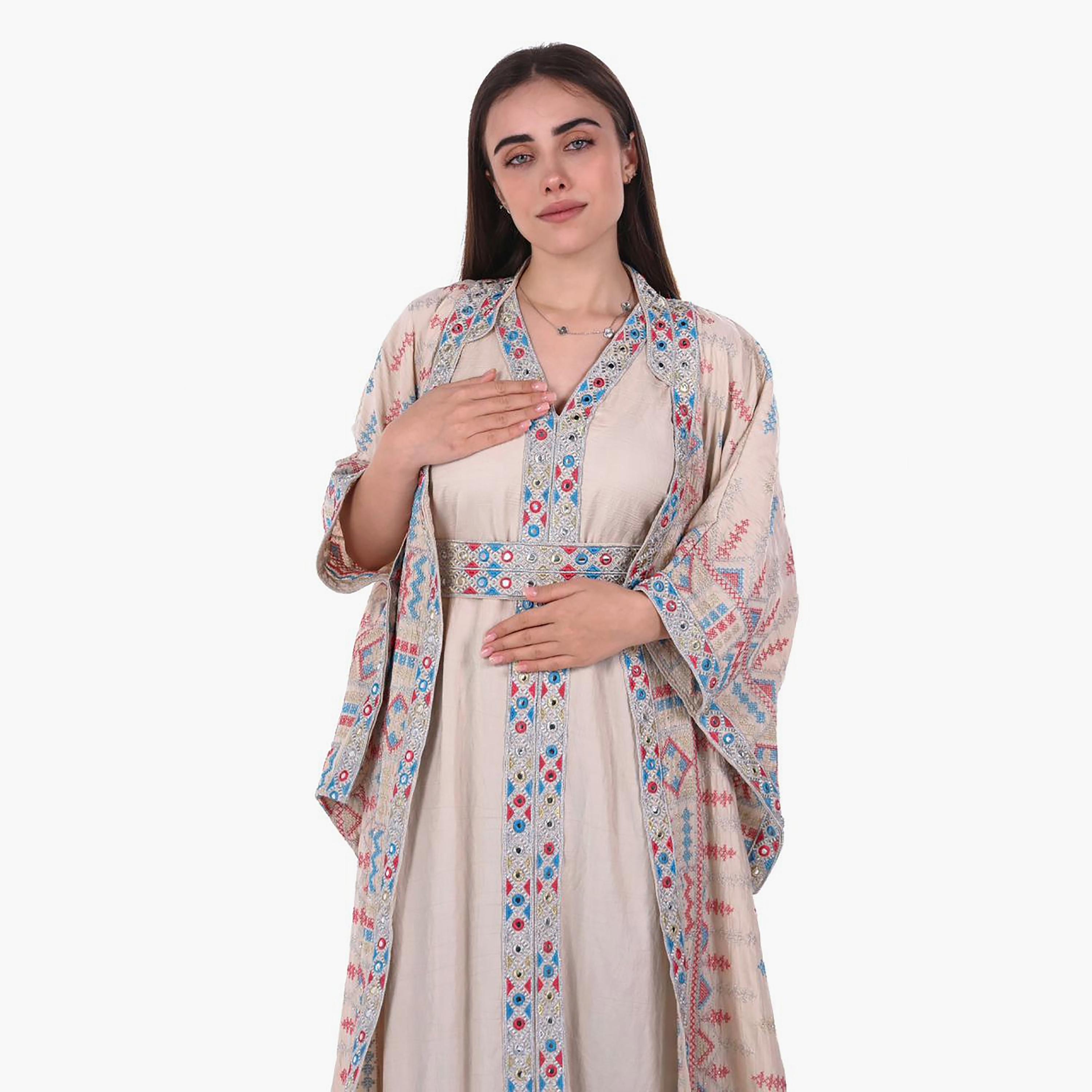 AL BENT AL SHARQIEH Embroidered Mandarin Collar Batwing Sleeves Linen Women's Kaftan Style Jalabiya-women-arabicclothing-jalabiyas-image-2