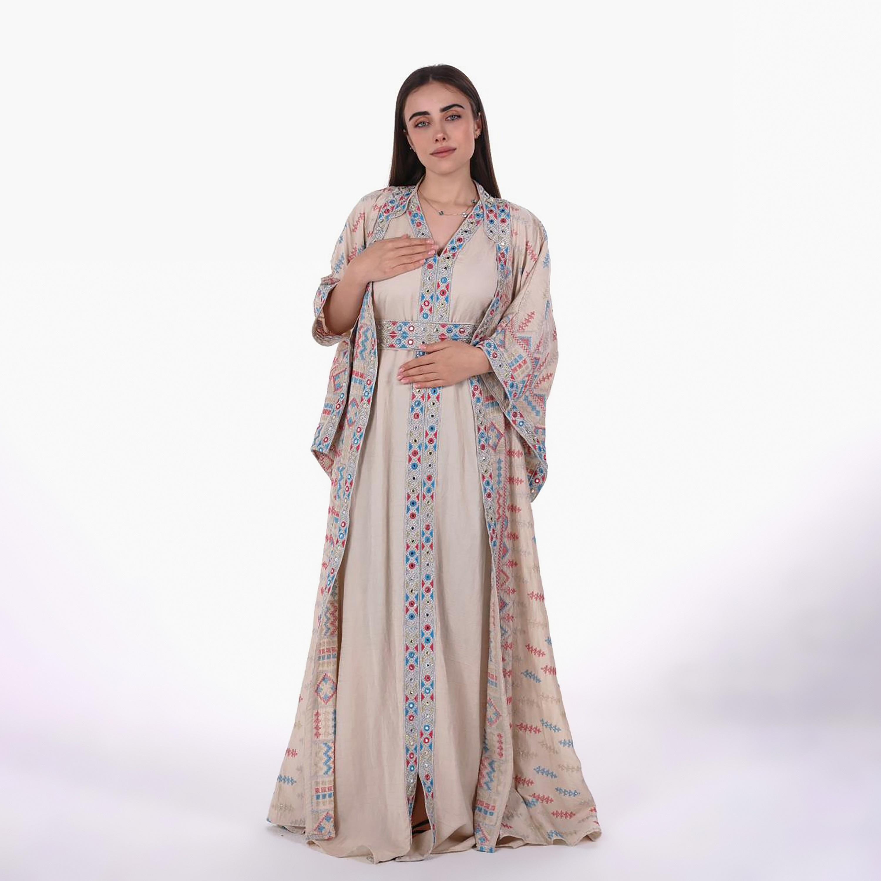 AL BENT AL SHARQIEH Embroidered Mandarin Collar Batwing Sleeves Linen Women's Kaftan Style Jalabiya-women-arabicclothing-jalabiyas-image-4