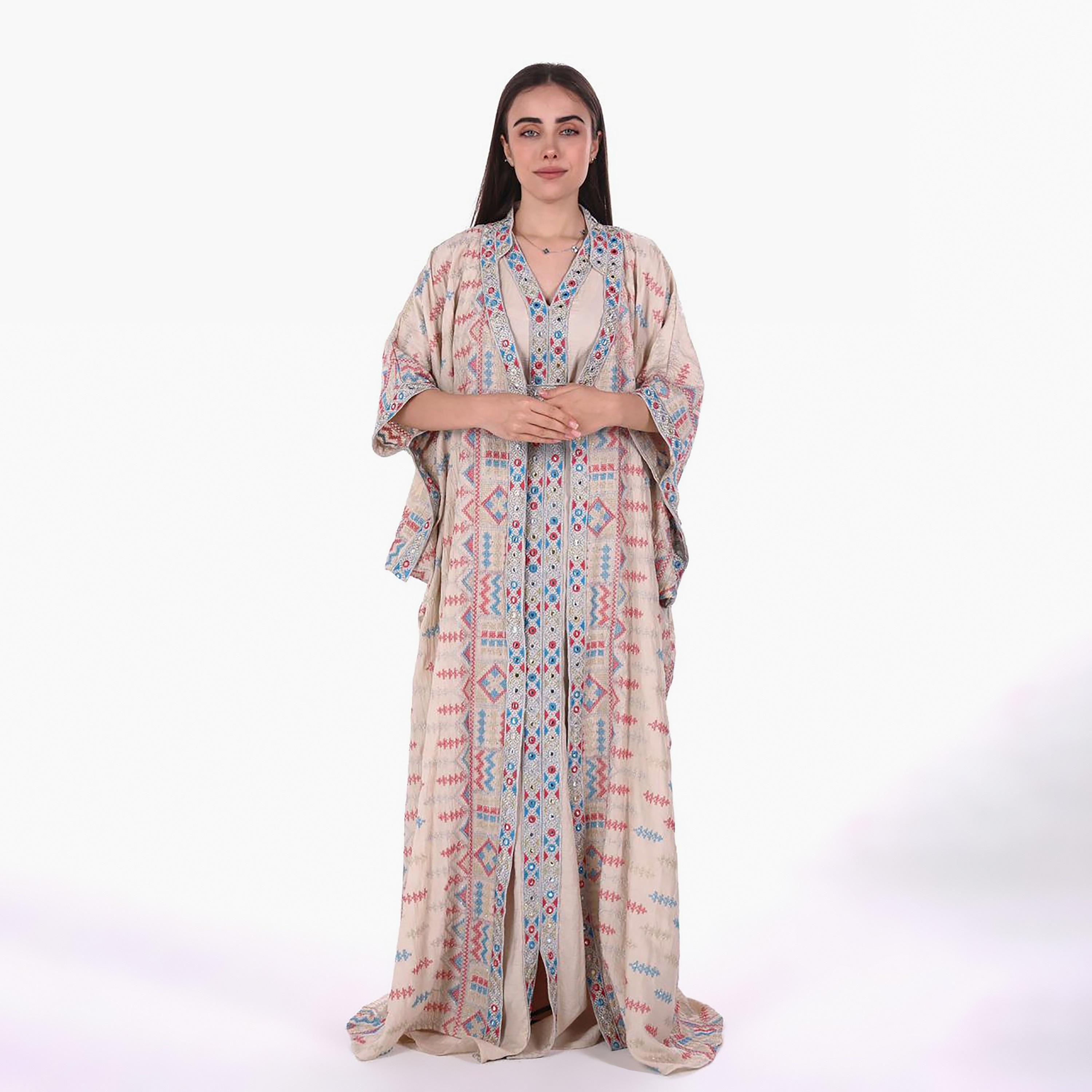 AL BENT AL SHARQIEH Embroidered Mandarin Collar Batwing Sleeves Linen Women's Kaftan Style Jalabiya-women-arabicclothing-jalabiyas-image-5