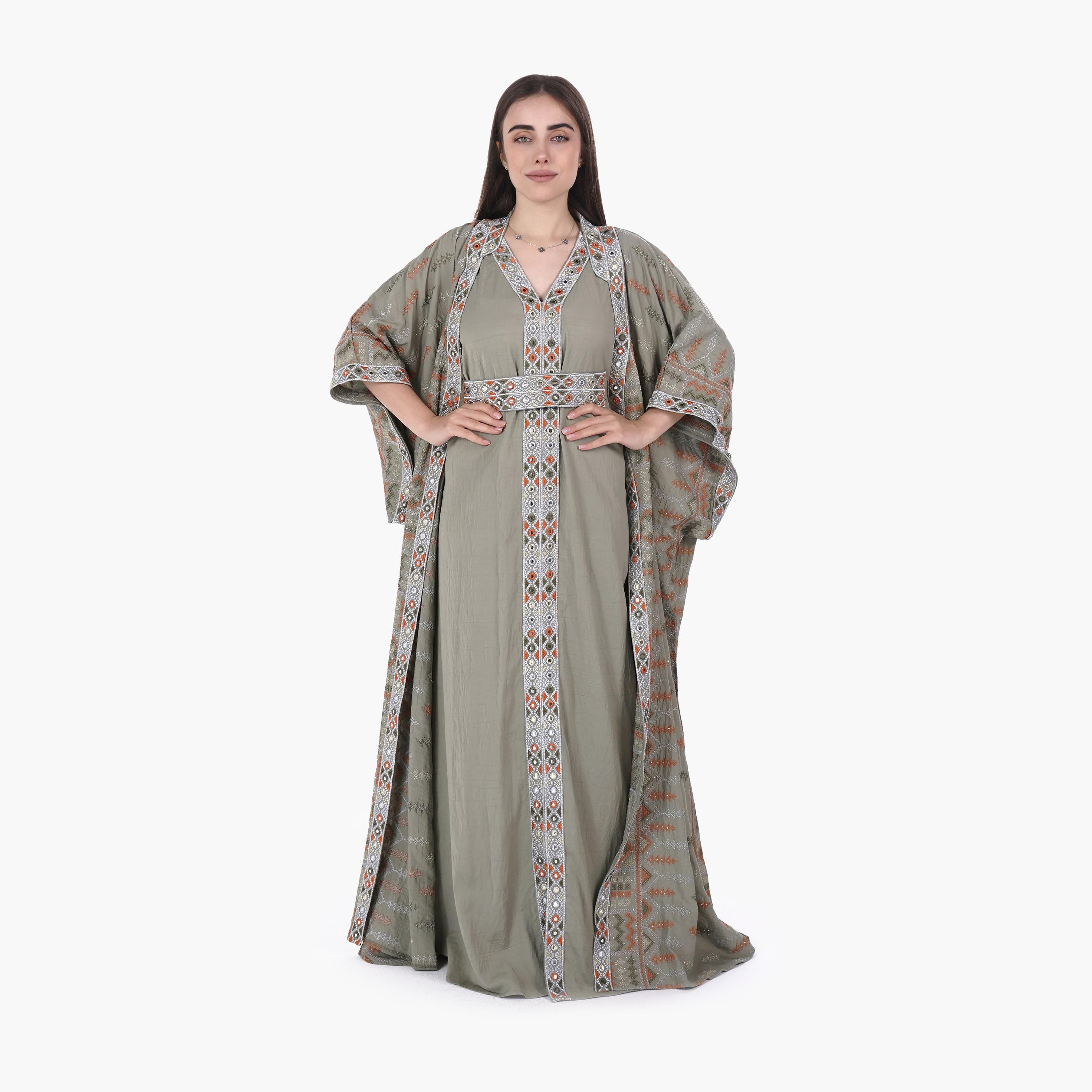 AL BENT AL SHARQIEH Embroidered Mandarin Collar Batwing Sleeves Linen Women's Kaftan Style Jalabiya-women-arabicclothing-jalabiyas-image-1