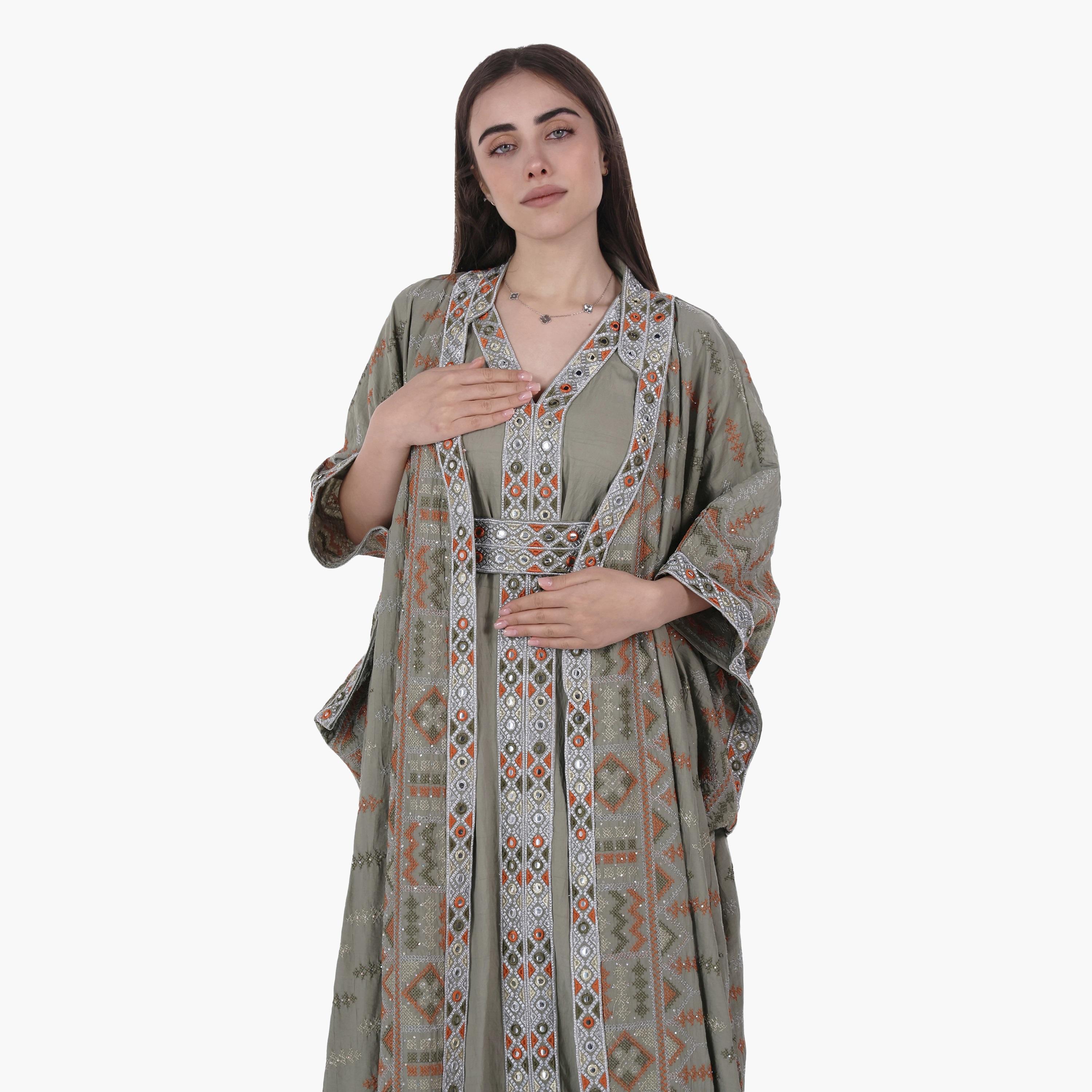 AL BENT AL SHARQIEH Embroidered Mandarin Collar Batwing Sleeves Linen Women's Kaftan Style Jalabiya-women-arabicclothing-jalabiyas-image-2