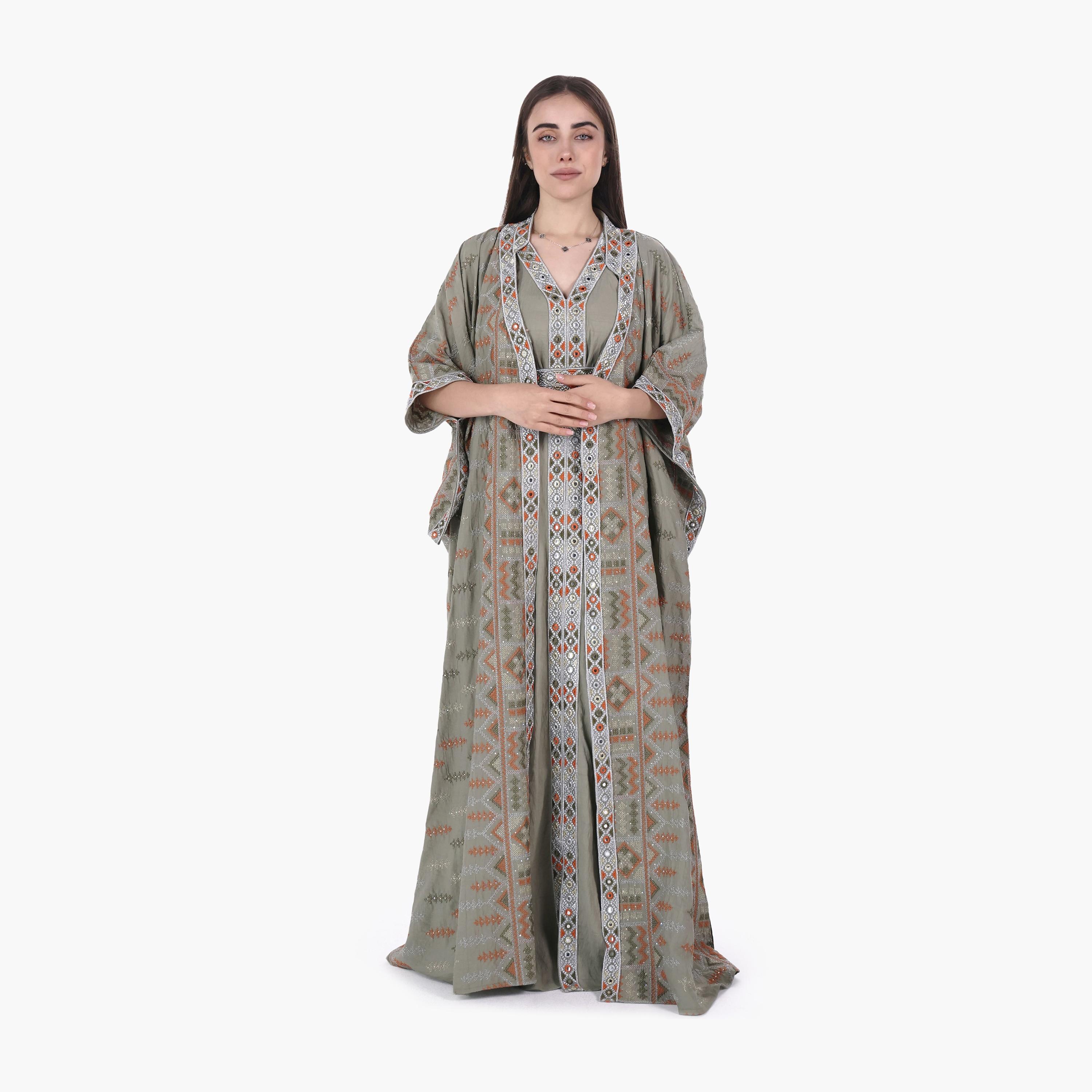 AL BENT AL SHARQIEH Embroidered Mandarin Collar Batwing Sleeves Linen Women's Kaftan Style Jalabiya-women-arabicclothing-jalabiyas-image-3