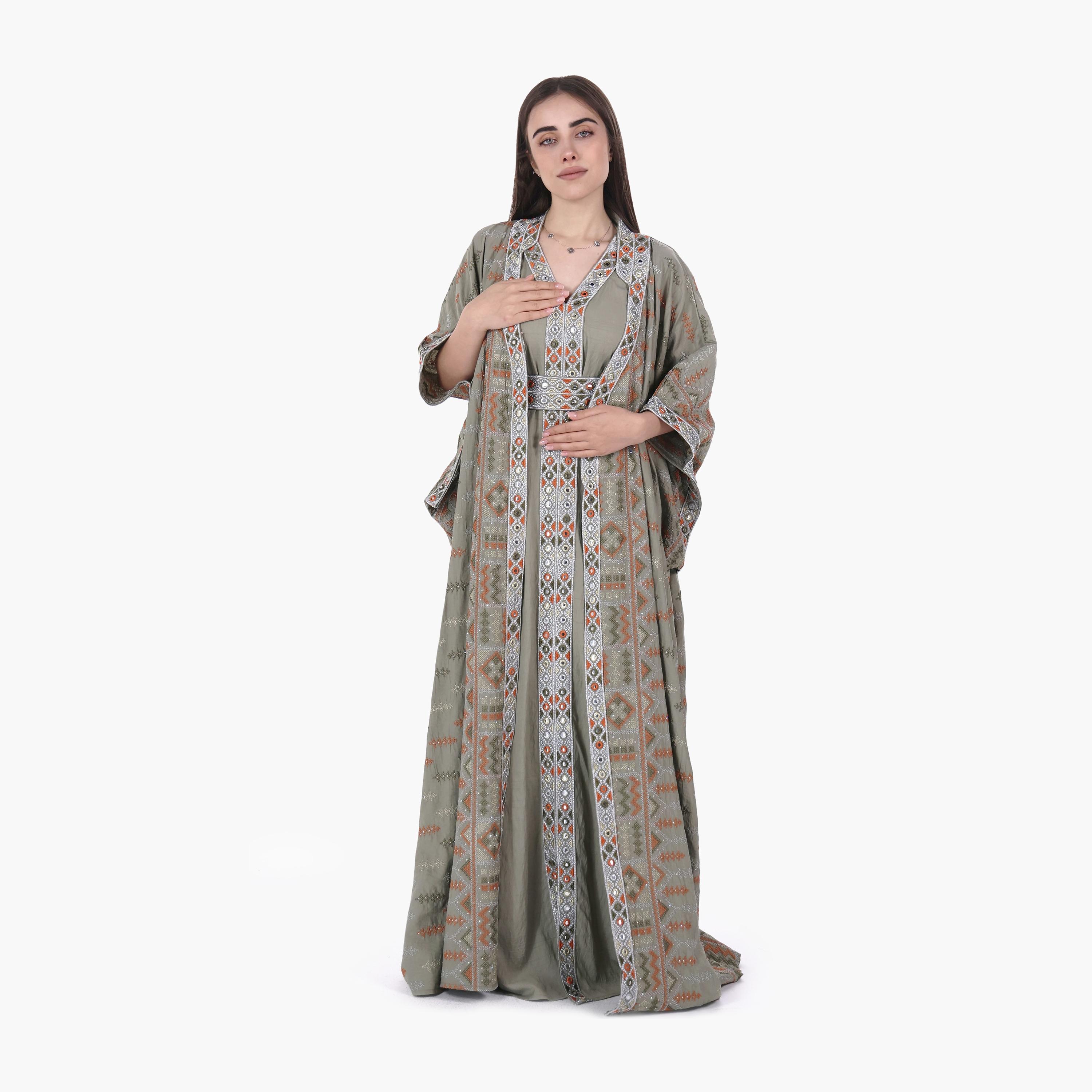 AL BENT AL SHARQIEH Embroidered Mandarin Collar Batwing Sleeves Linen Women's Kaftan Style Jalabiya-women-arabicclothing-jalabiyas-image-4
