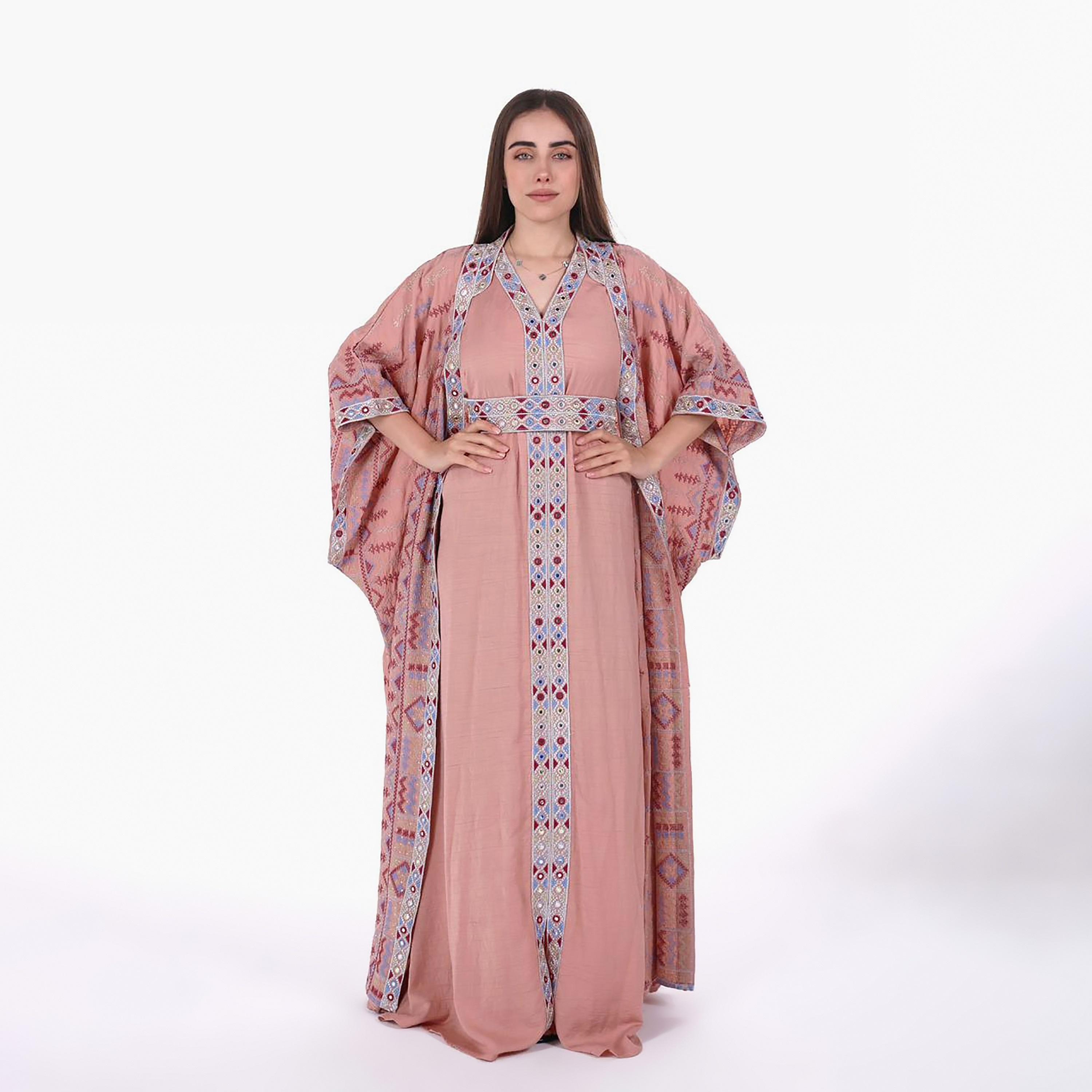 AL BENT AL SHARQIEH Embroidered Mandarin Collar Batwing Sleeves Linen Women's Kaftan Style Jalabiya-women-arabicclothing-jalabiyas-image-1