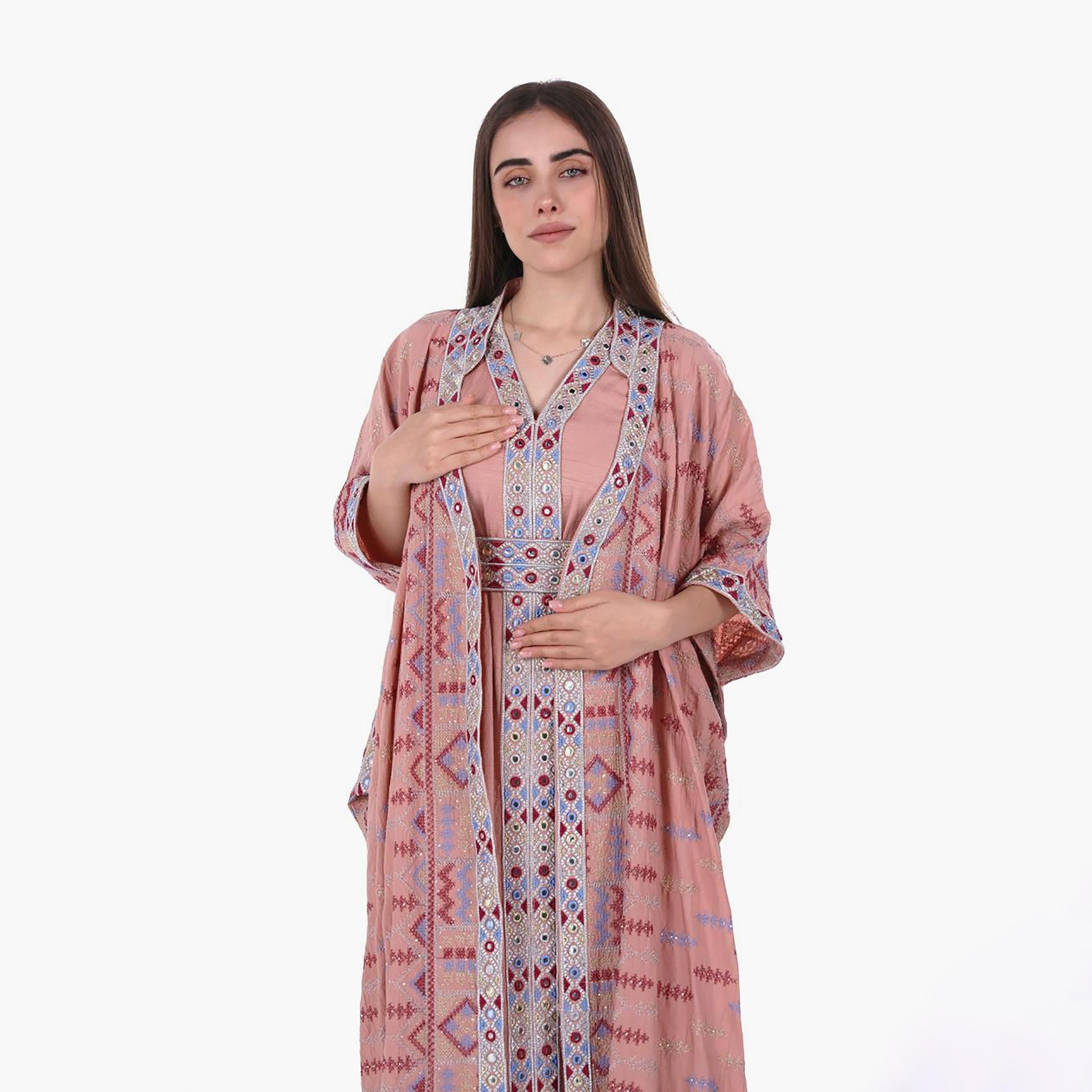 AL BENT AL SHARQIEH Embroidered Mandarin Collar Batwing Sleeves Linen Women's Kaftan Style Jalabiya-women-arabicclothing-jalabiyas-image-2