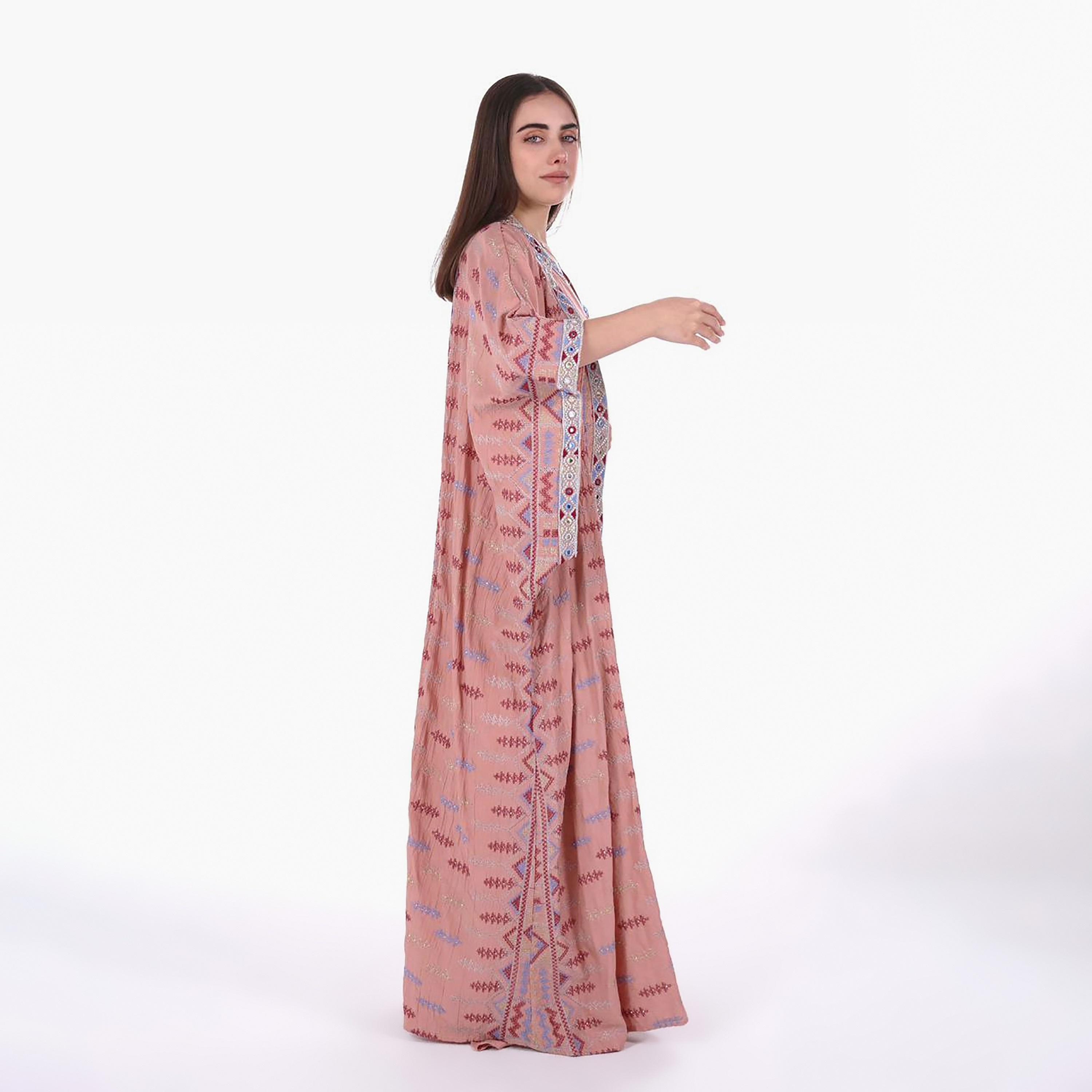 AL BENT AL SHARQIEH Embroidered Mandarin Collar Batwing Sleeves Linen Women's Kaftan Style Jalabiya-women-arabicclothing-jalabiyas-image-3